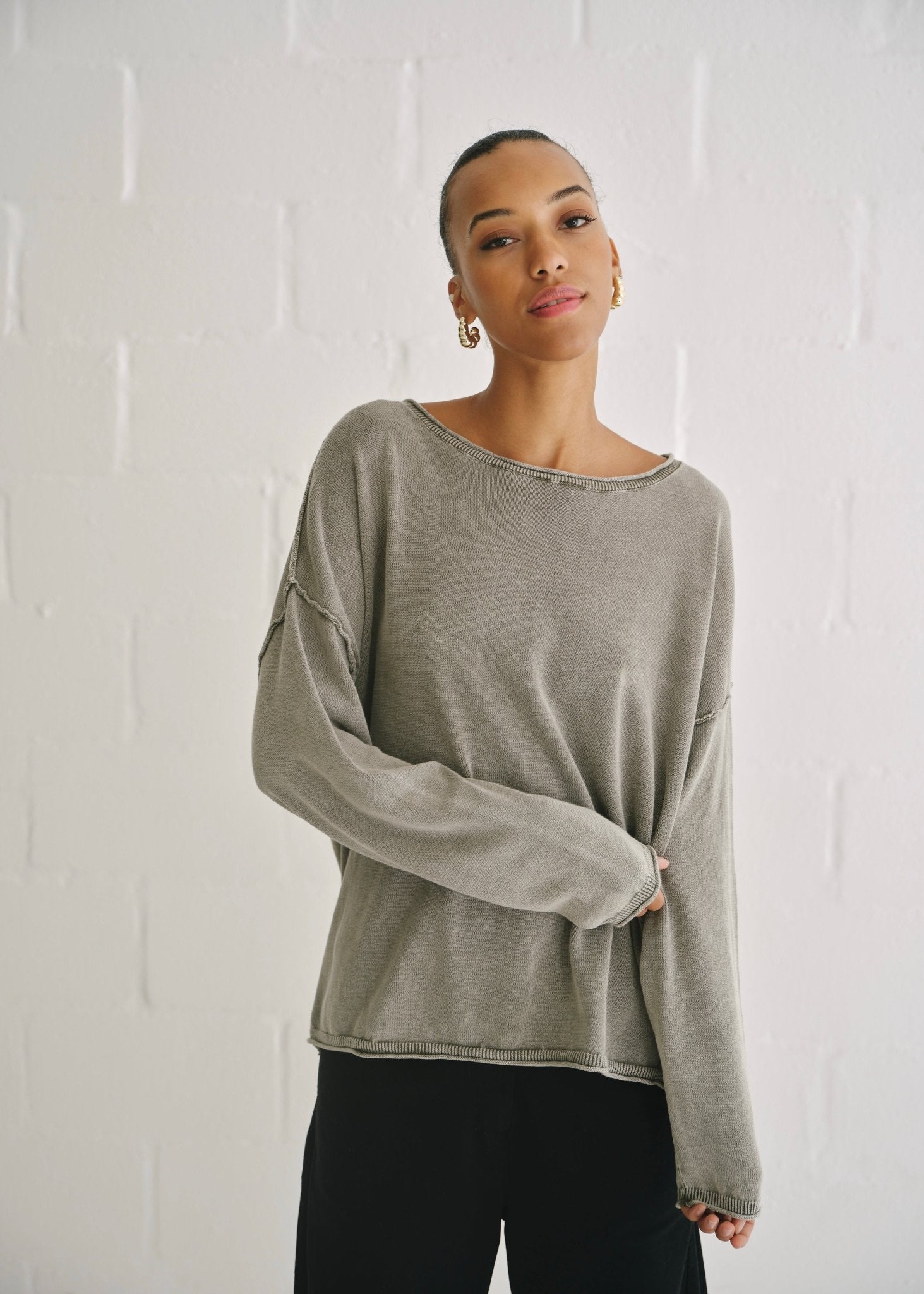 View our Cotton Stonewashed Boatneck Knit In Grey - by Tribute Store