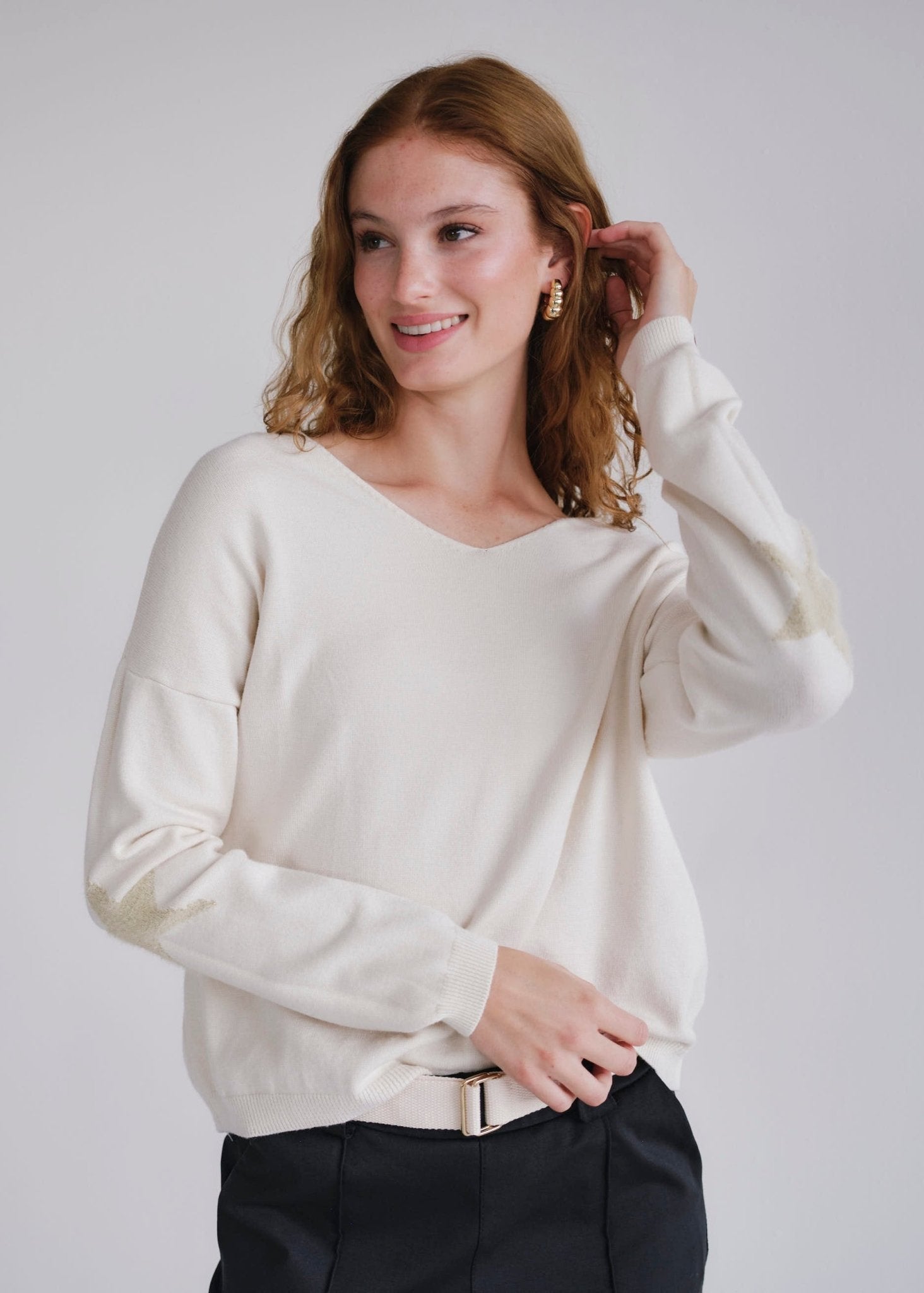 View our Cream V Neck Knit With Star On Elbow - by Tribute Store