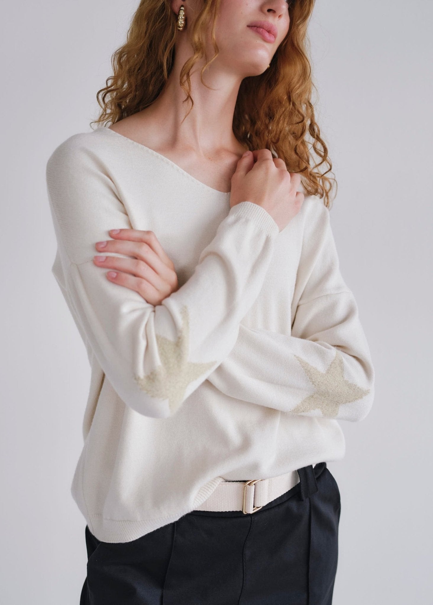 View our Cream V Neck Knit With Star On Elbow - by Tribute Store