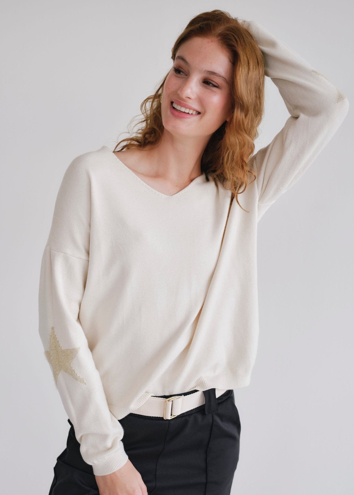 View our Cream V Neck Knit With Star On Elbow - by Tribute Store