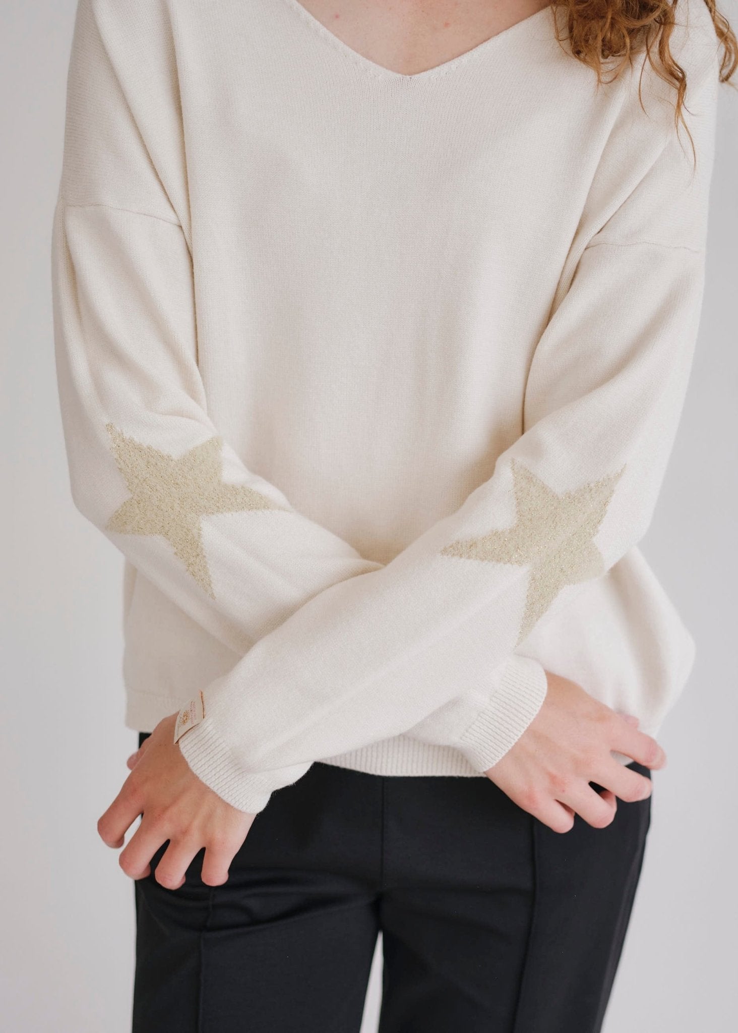 View our Cream V Neck Knit With Star On Elbow - by Tribute Store
