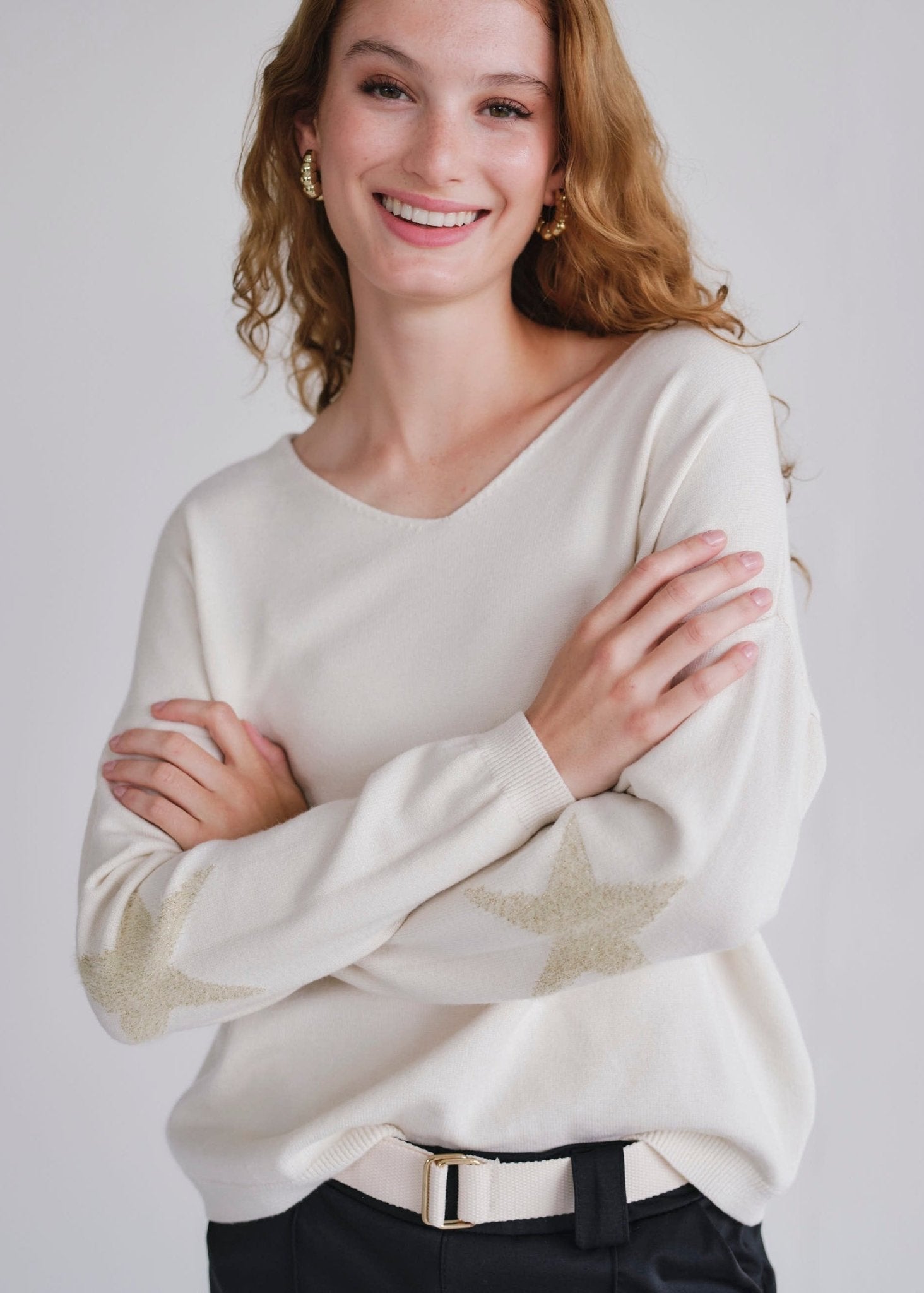 View our Cream V Neck Knit With Star On Elbow - by Tribute Store