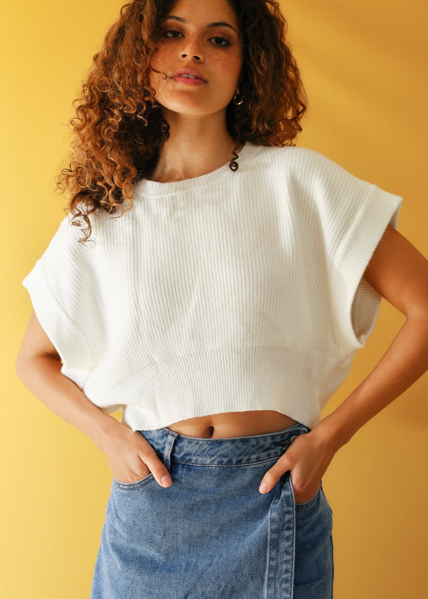View our Cropped Batwing Knit in White - by Tribute Store