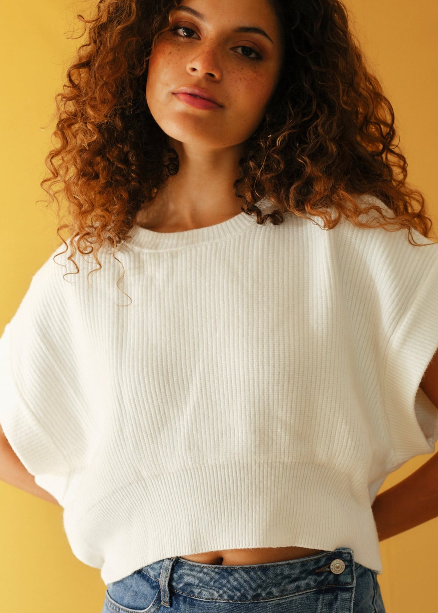 View our Cropped Batwing Knit in White - by Tribute Store