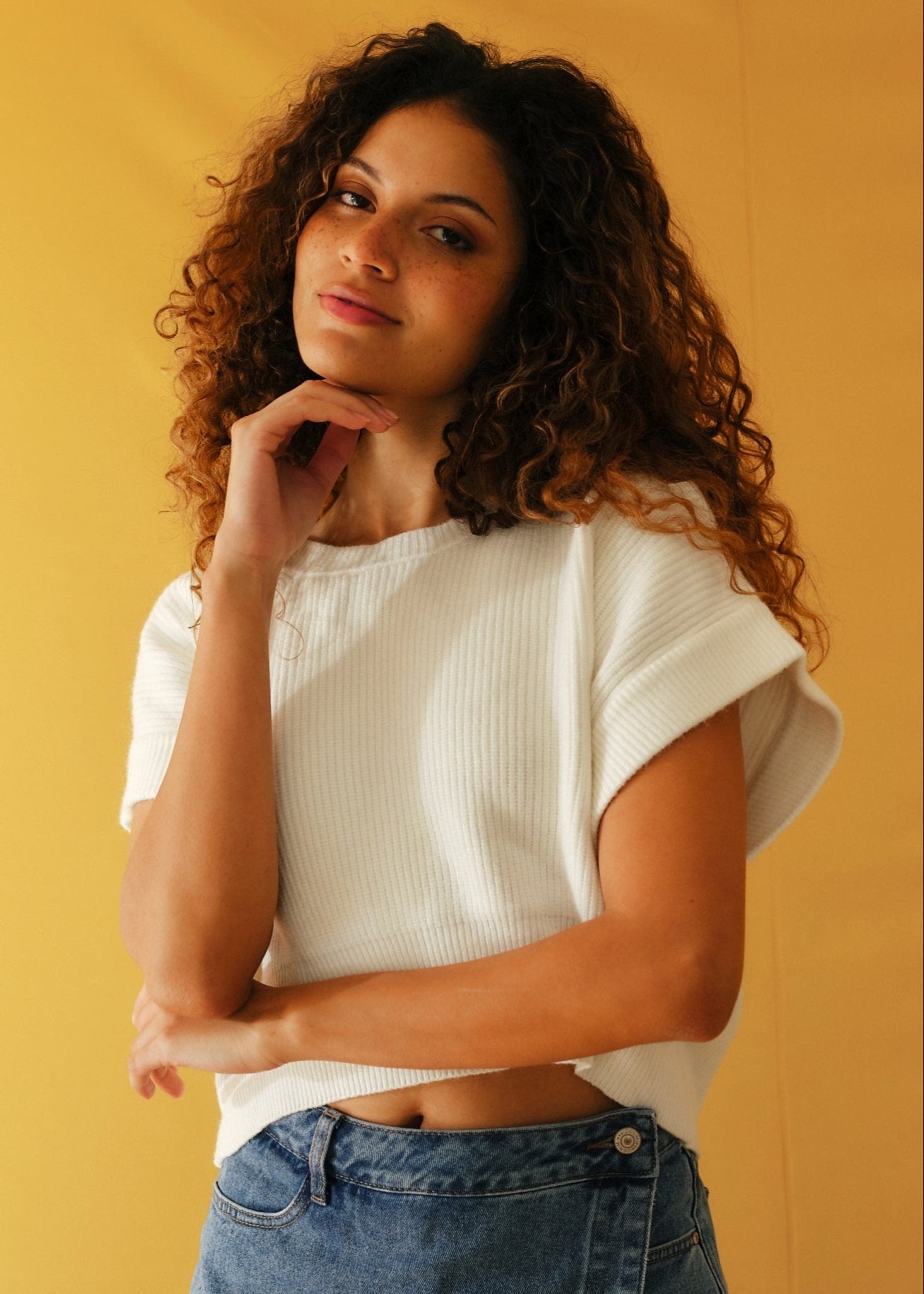 View our Cropped Batwing Knit in White - by Tribute Store