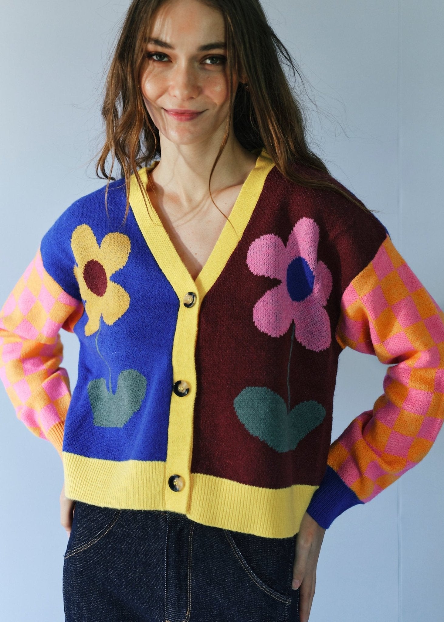 View our Daisy Cardigan in Blue and Chocolate - by Tribute Store