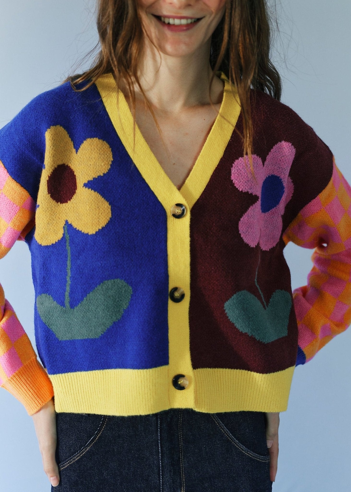 View our Daisy Cardigan in Blue and Chocolate - by Tribute Store
