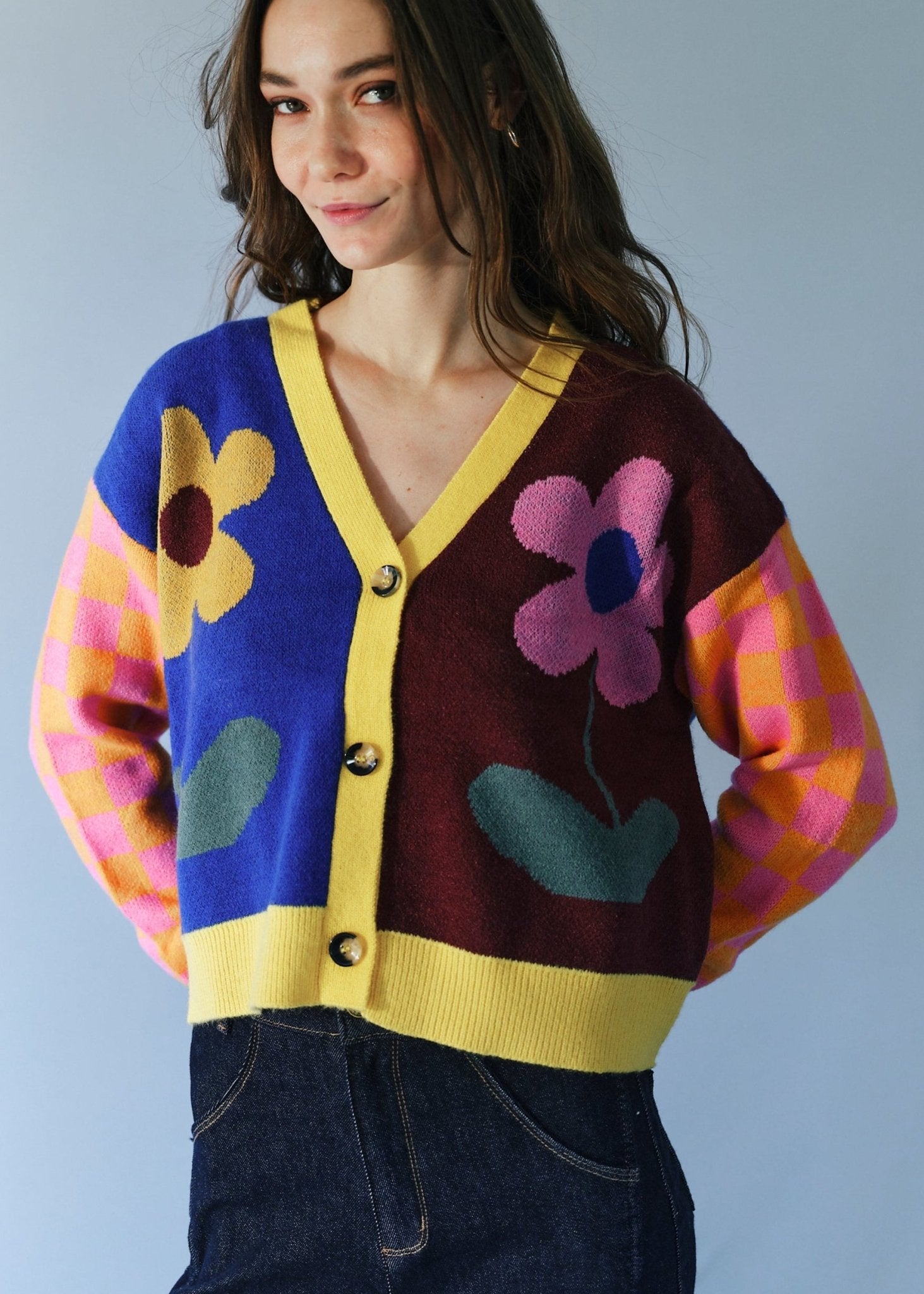 View our Daisy Cardigan in Blue and Chocolate - by Tribute Store