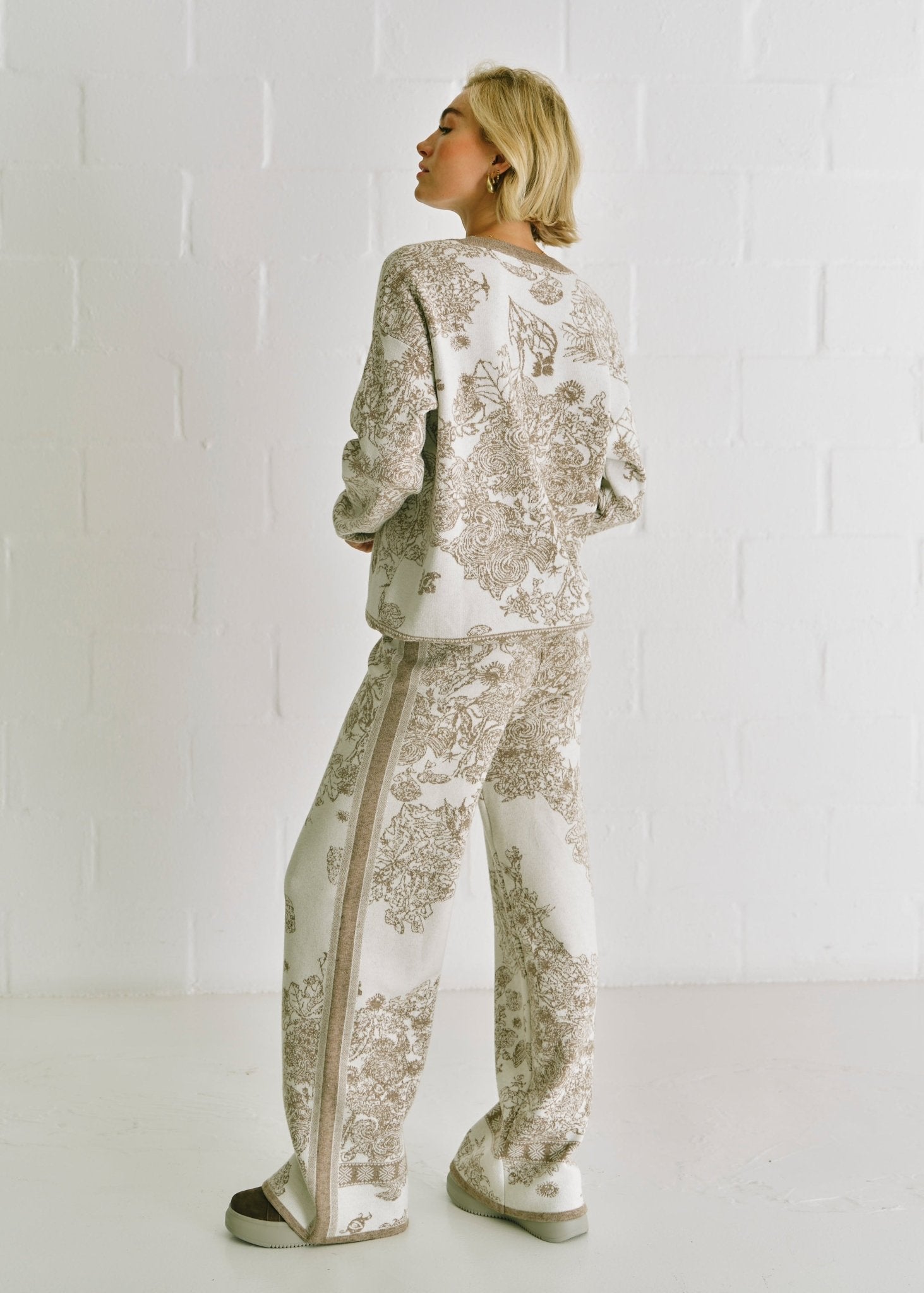 View our Damask Italian Knitted Palazzo Pants With Damask Print In Taupe - by Tribute Store