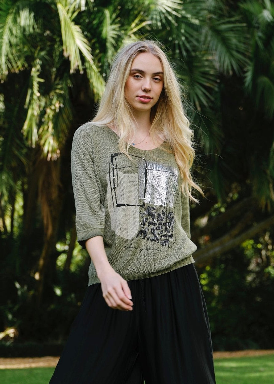 View our Deco Italian Graphic Knit in Taupe Khaki - by Tribute Store
