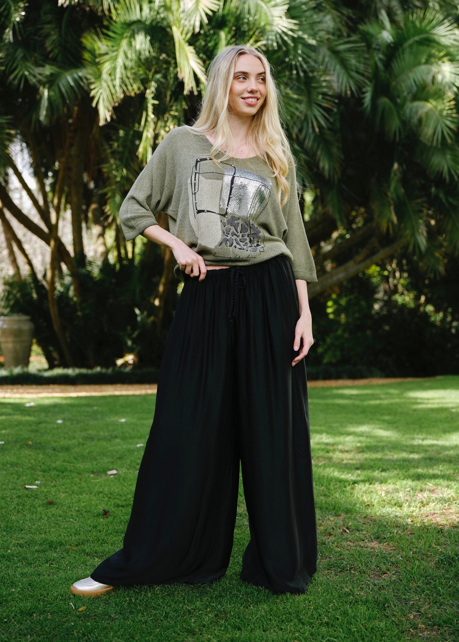 View our Deco Italian Graphic Knit in Taupe Khaki - by Tribute Store
