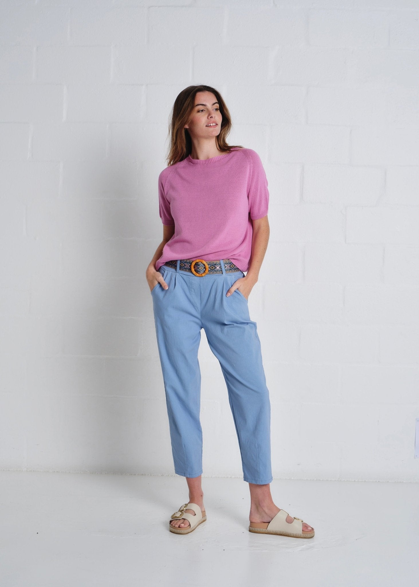 View our Deneuve Cotton Round Neck SS Top In Dusty Pink - by Tribute Store