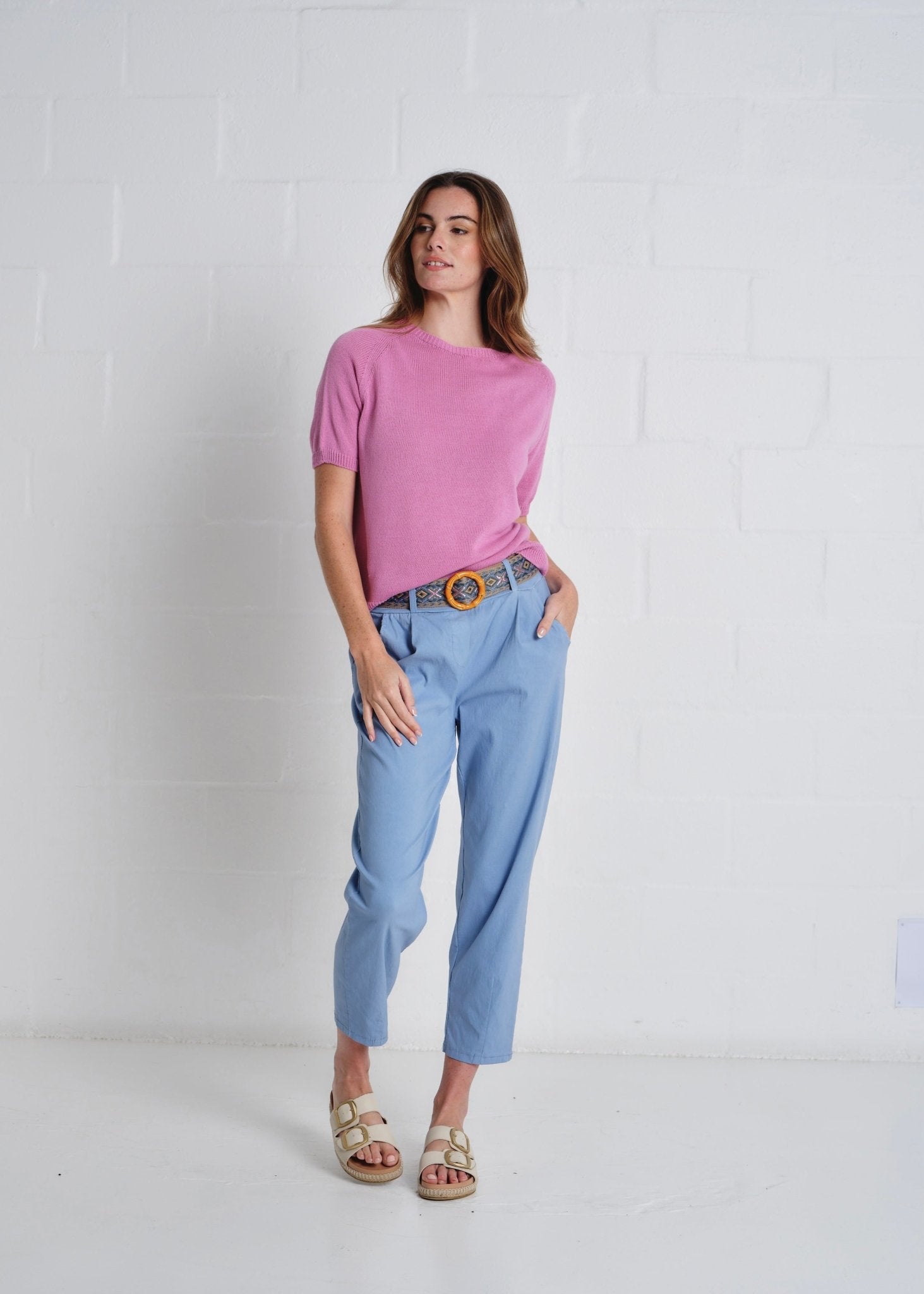View our Deneuve Cotton Round Neck SS Top In Dusty Pink - by Tribute Store