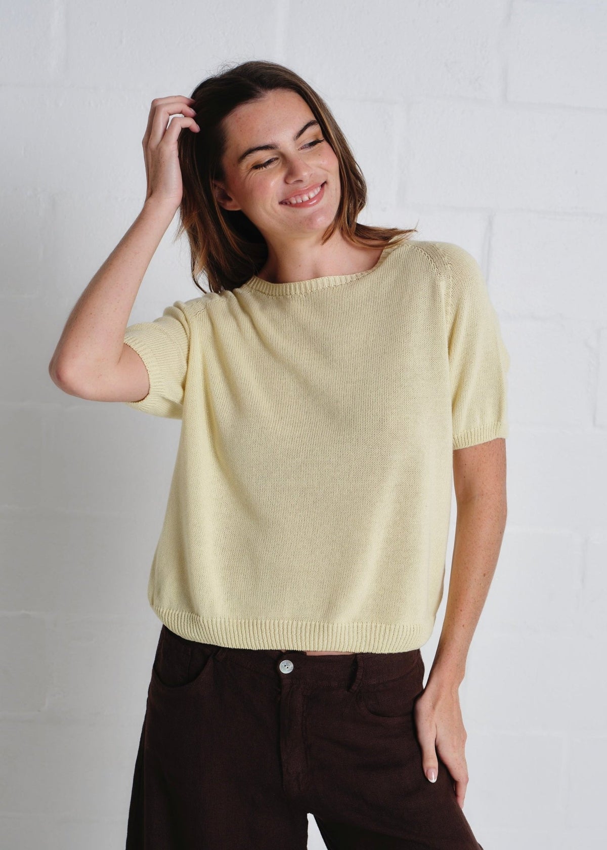 View our Deneuve Cotton Round Neck SS Top In Sunshine Yellow - by Tribute Store