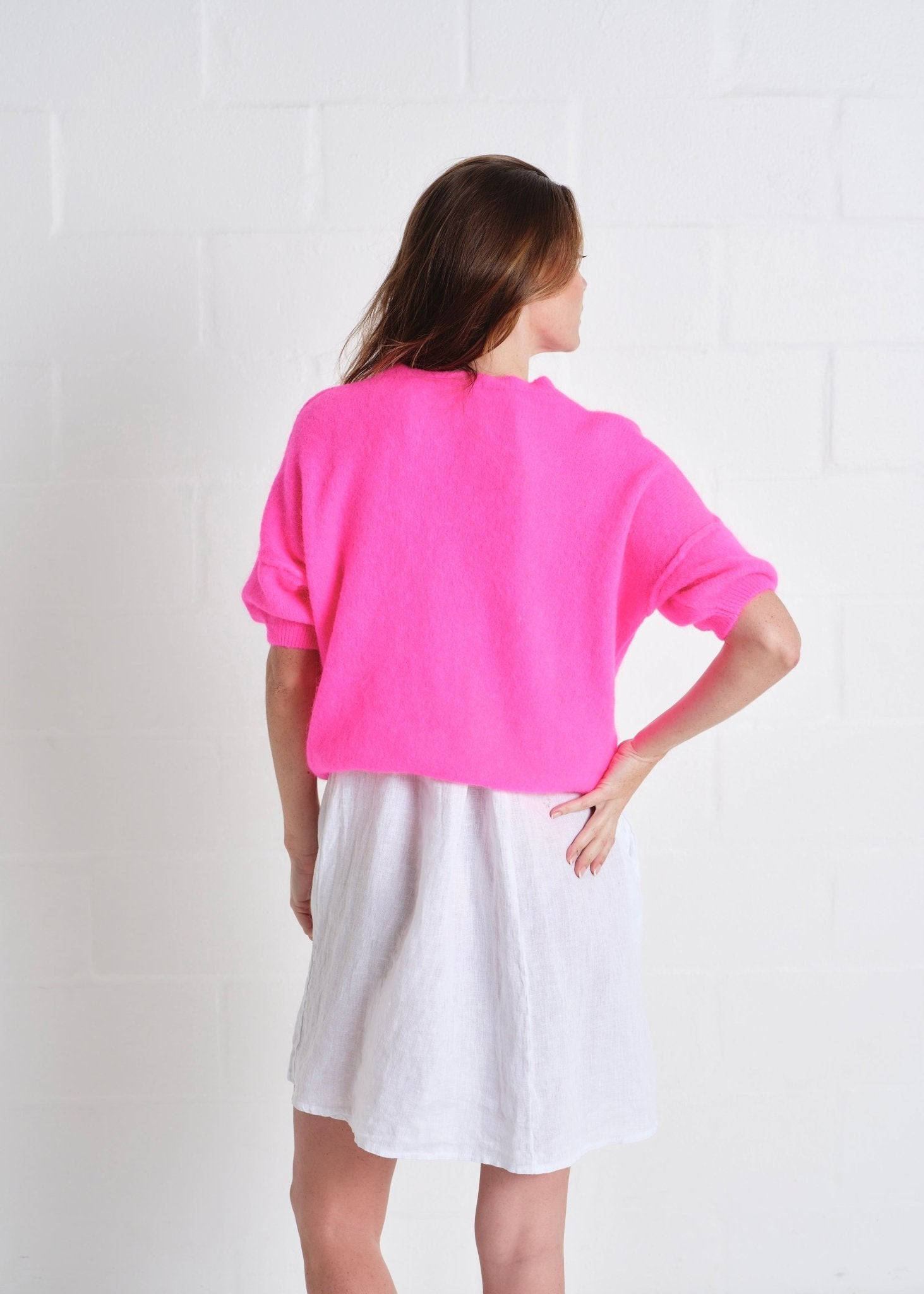 View our Dolly SS Round Neck Knit In Luminous Pink - by Tribute Store