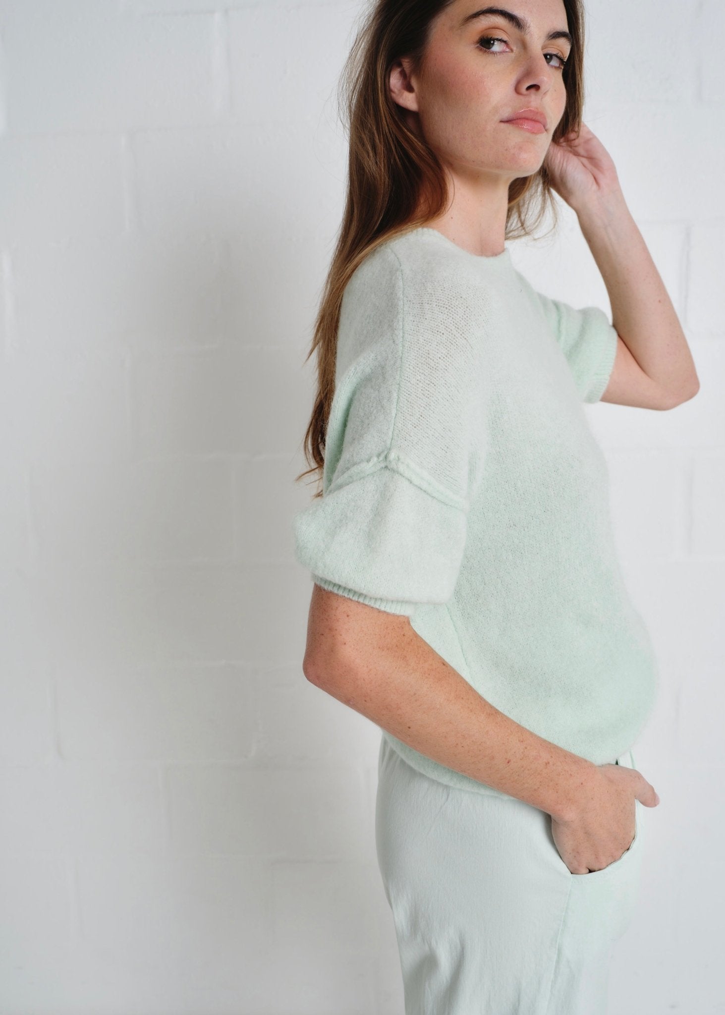 View our Dolly SS Round Neck Knit In Mint - by Tribute Store
