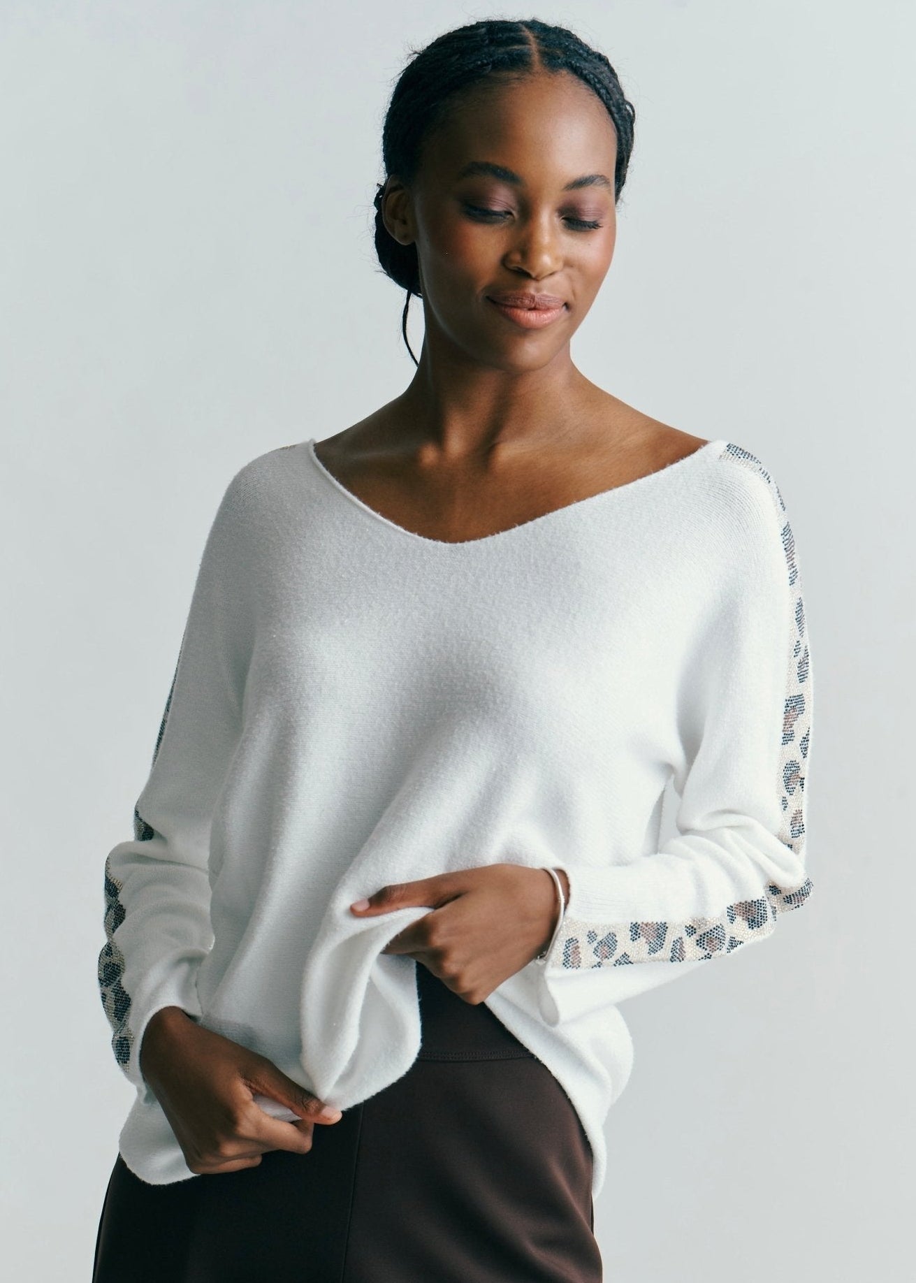 View our Elsa White Knit With Side Bling V Neck Sweater - by Tribute Store