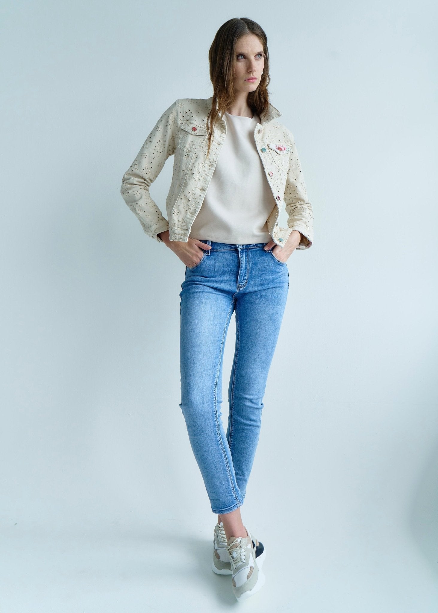 View our Embroidered Denim Jacket with Floral Detail in Beige - by Tribute Store