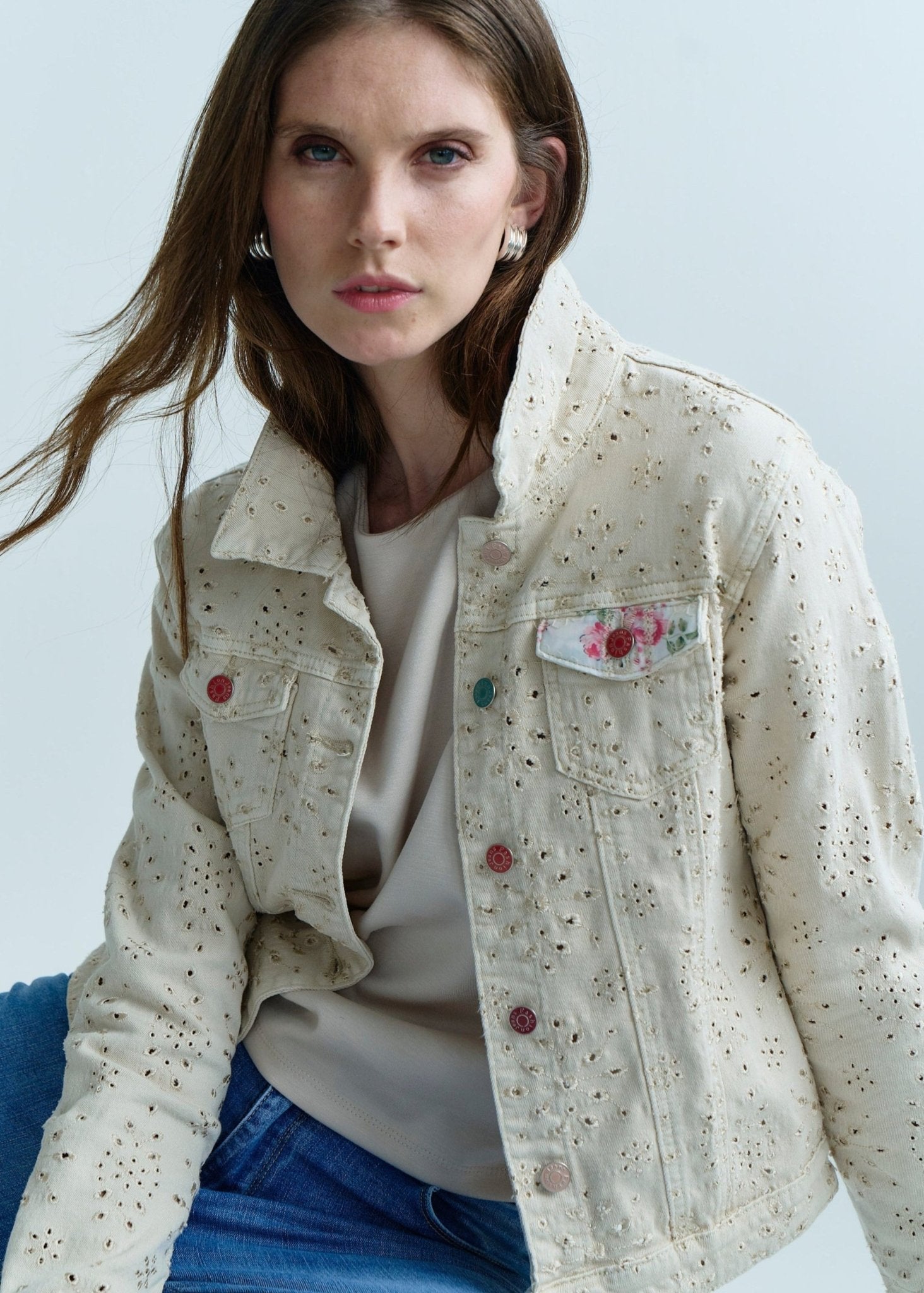 View our Embroidered Denim Jacket with Floral Detail in Beige - by Tribute Store