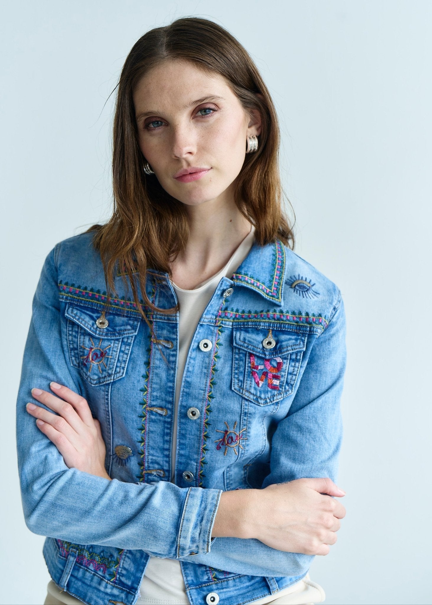 View our Embroidered Denim Love Jacket in Blue - by Tribute Store
