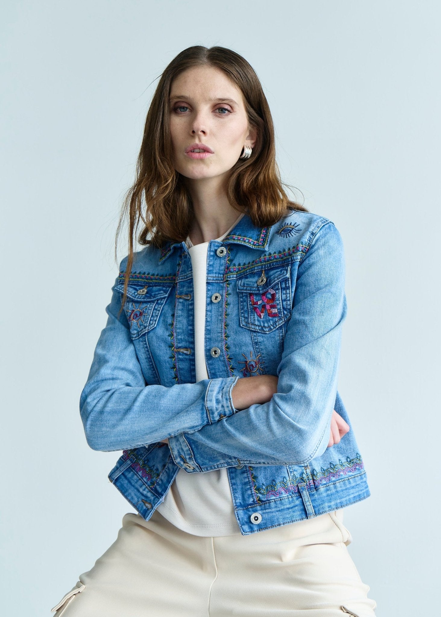 View our Embroidered Denim Love Jacket in Blue - by Tribute Store