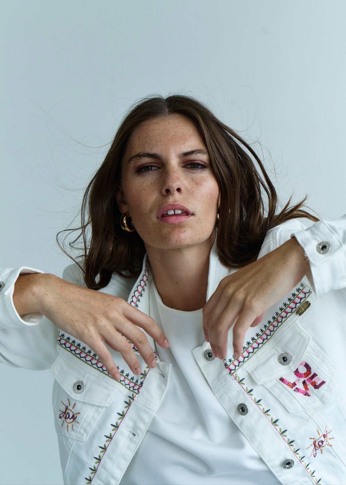 View our Embroidered Denim Love Jacket in White - by Tribute Store