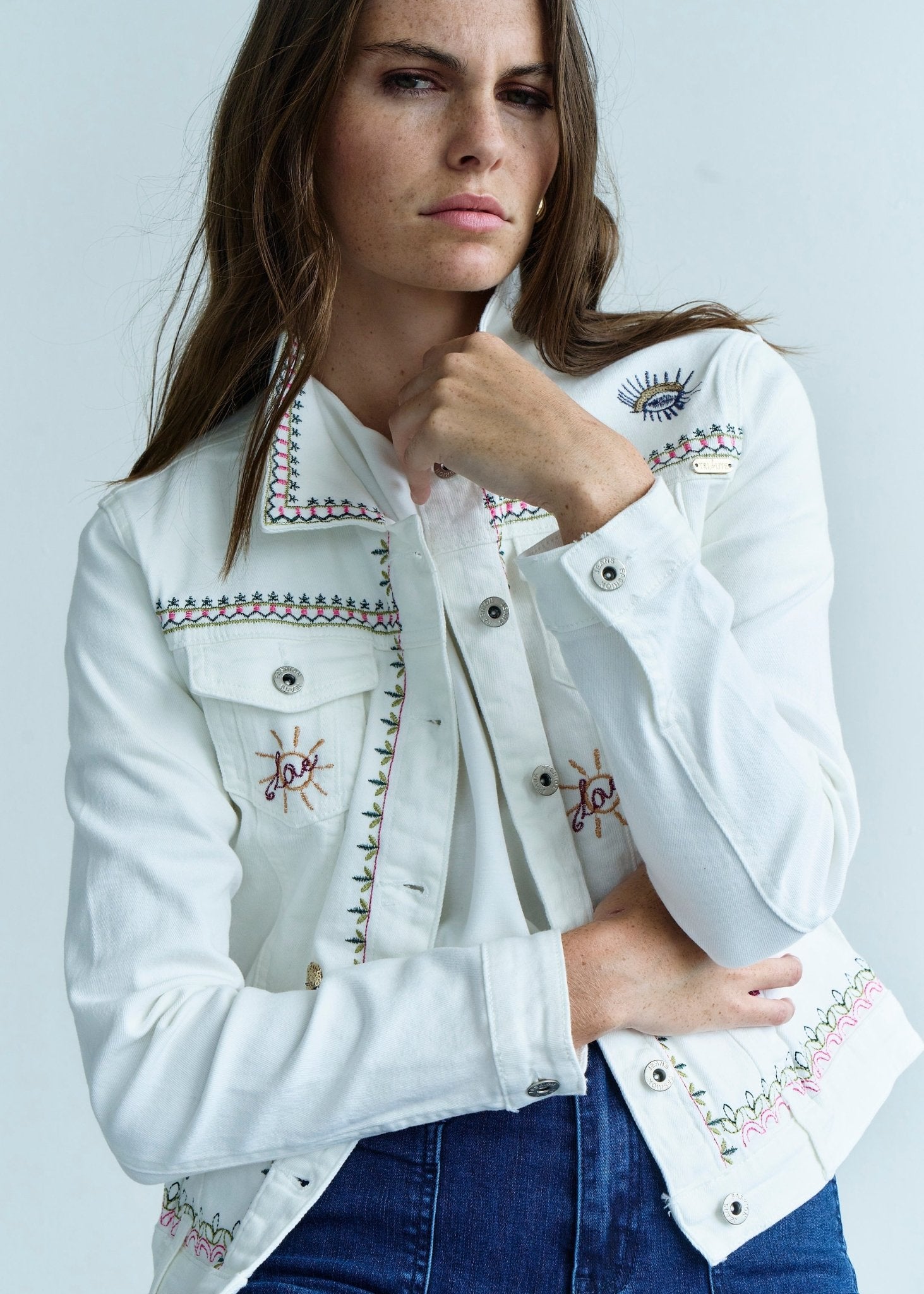 View our Embroidered Denim Love Jacket in White - by Tribute Store