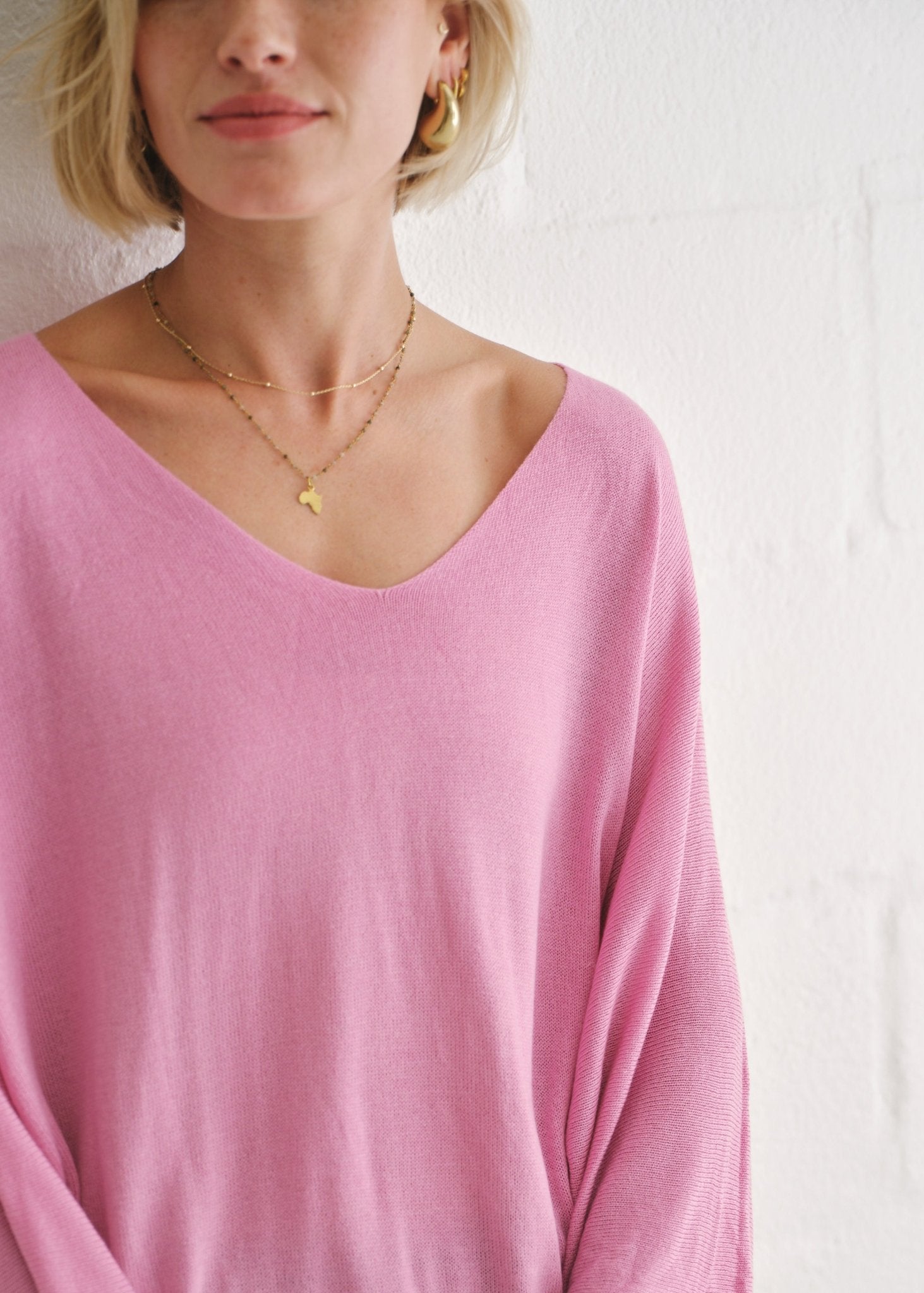 View our Emily Italian Viscose V Neck Batwing Knit In Blush - by Tribute Store