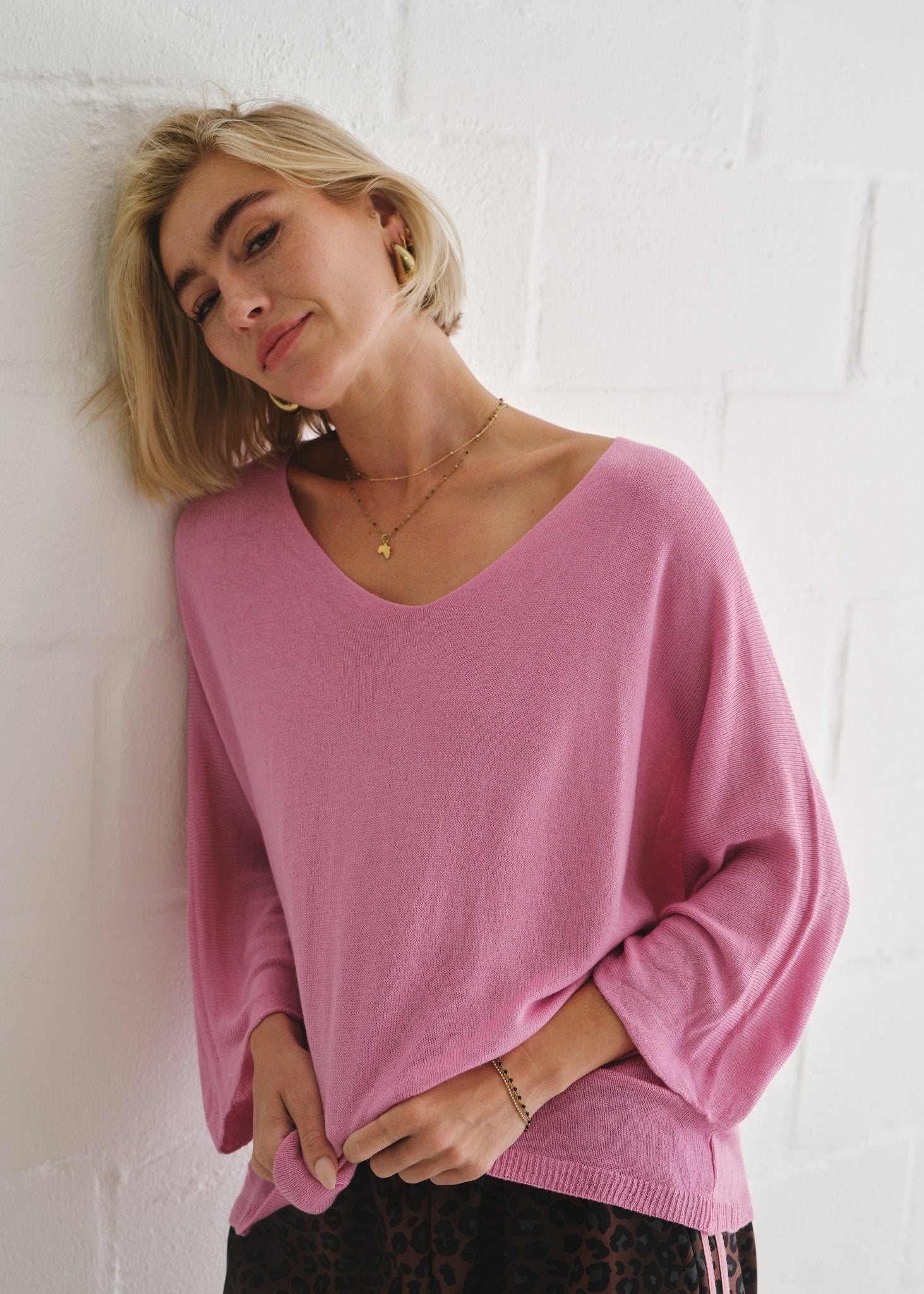 View our Emily Italian Viscose V Neck Batwing Knit In Blush - by Tribute Store