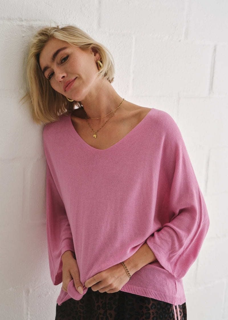 View our Emily Italian Viscose V Neck Batwing Knit In Blush - by Tribute Store