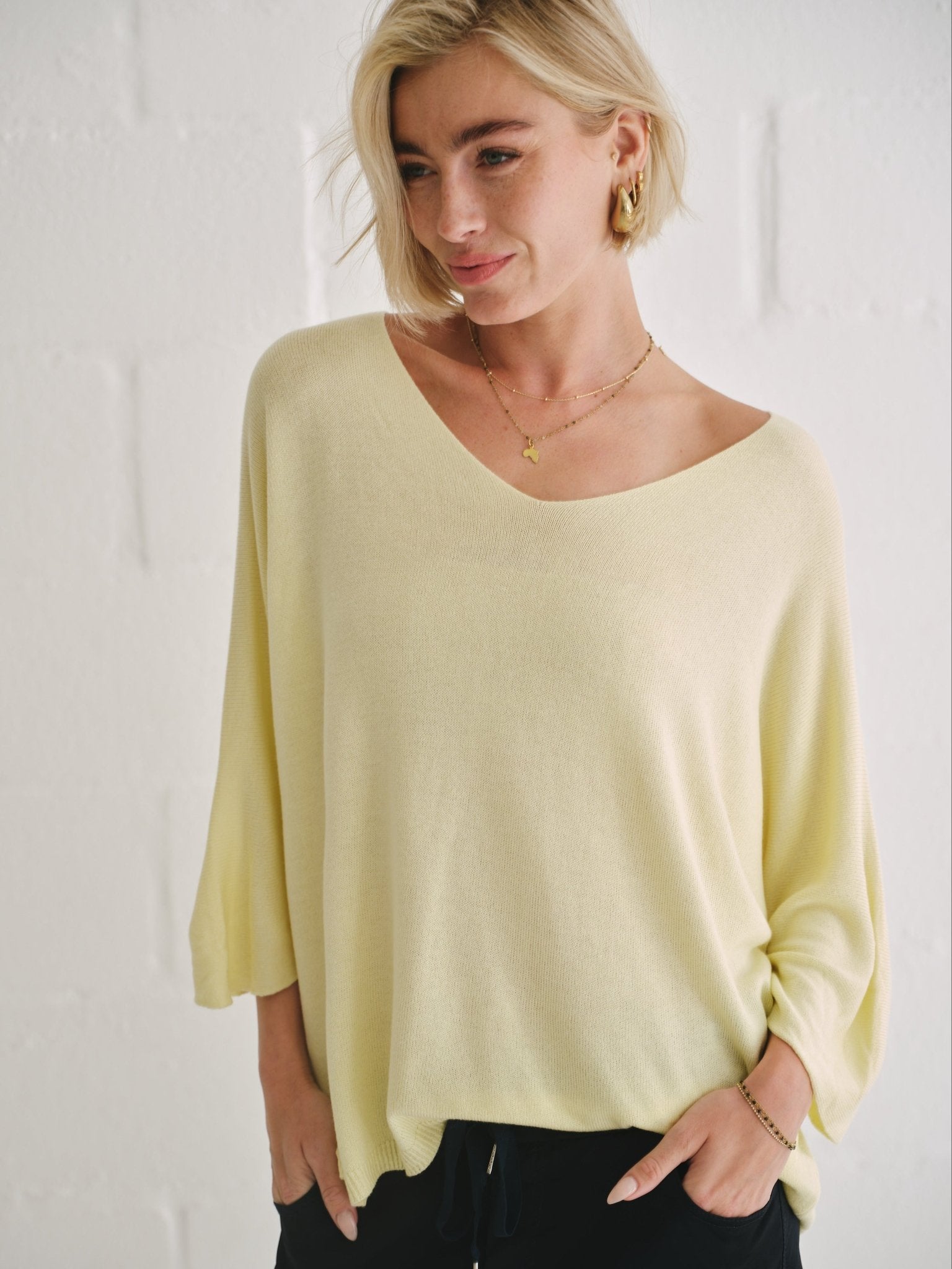 View our Emily Italian Viscose V Neck Batwing Knit In Chartreuse - by Tribute Store