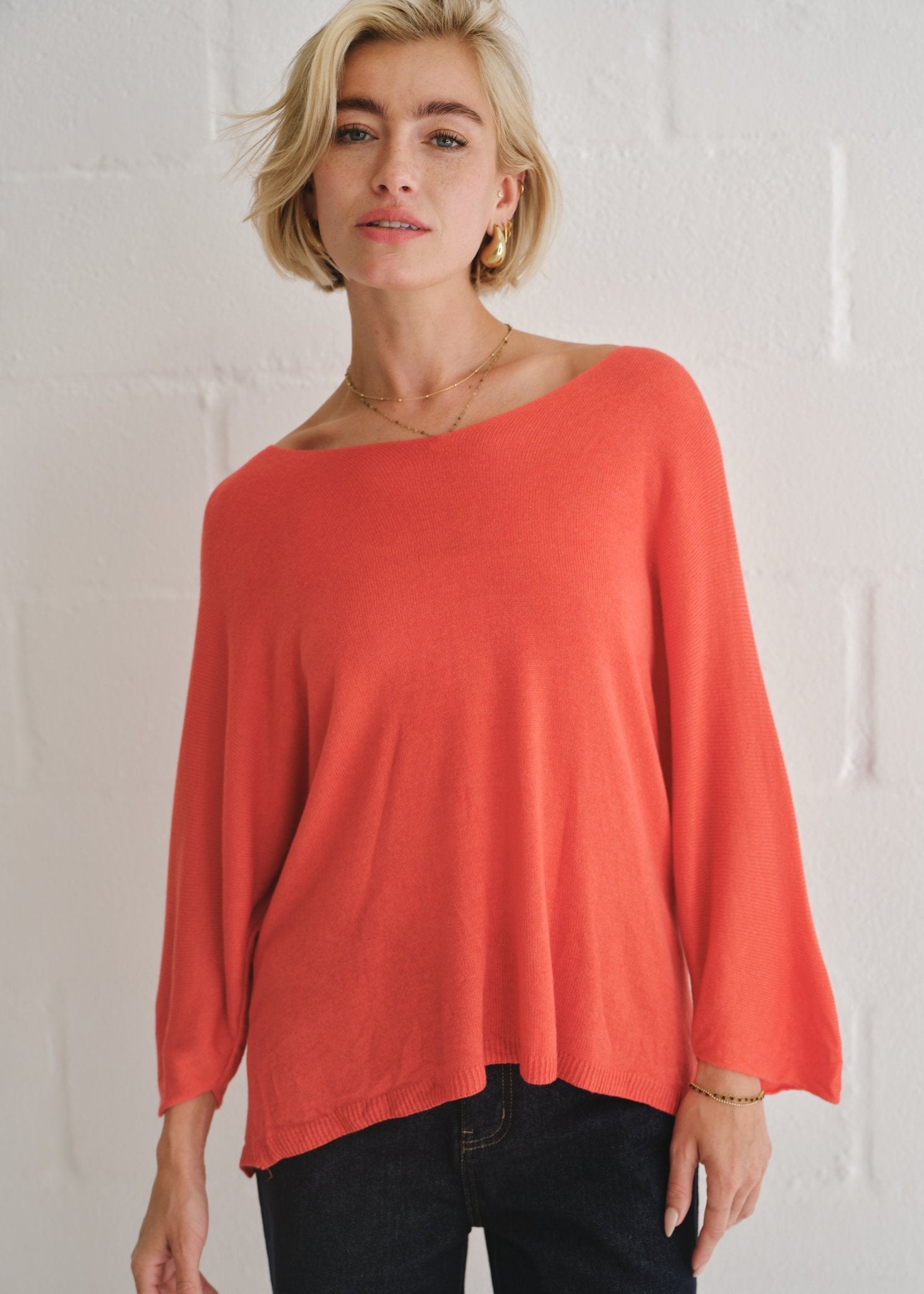 View our Emily Italian Viscose V Neck Batwing Knit In Red - by Tribute Store