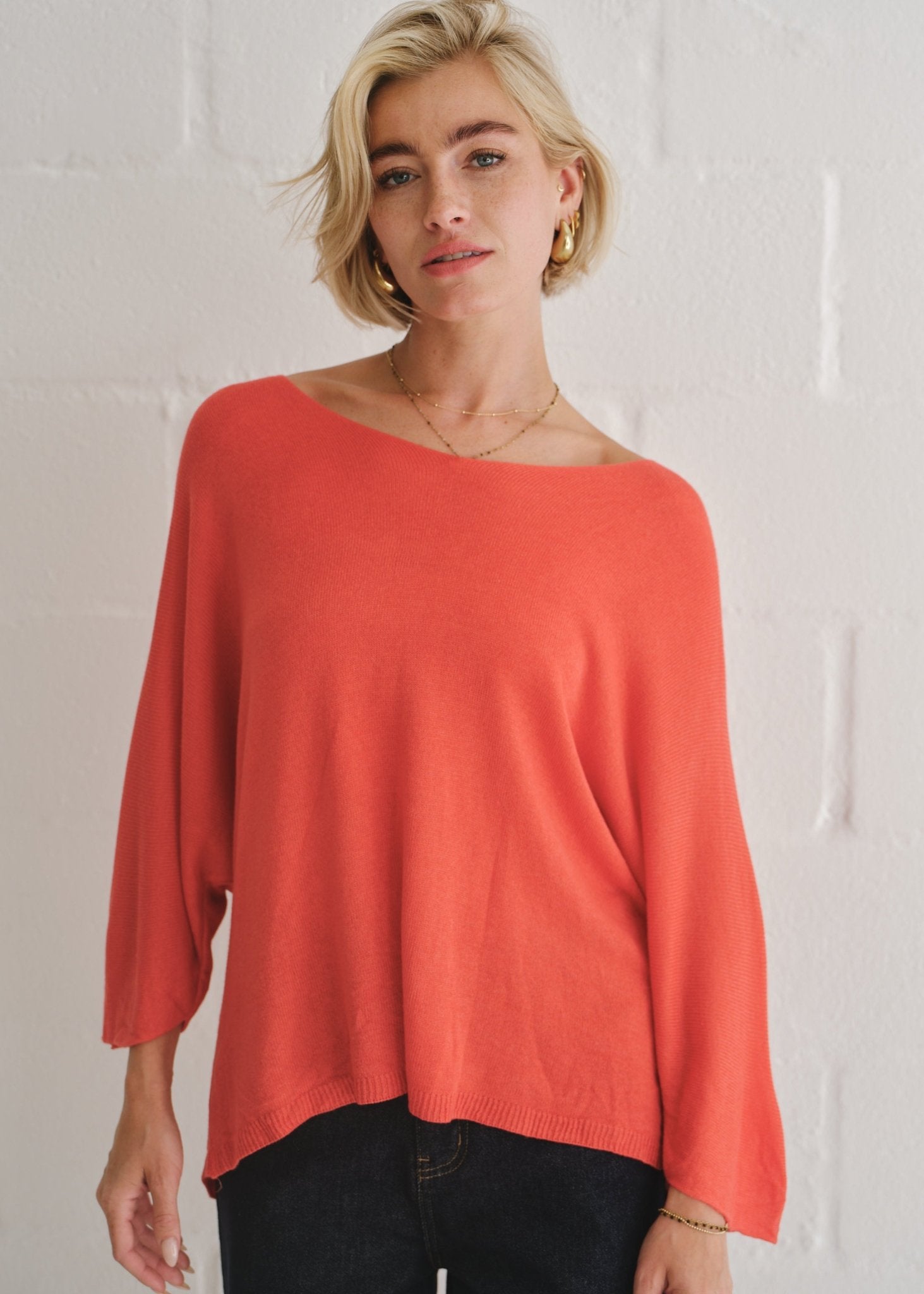 View our Emily Italian Viscose V Neck Batwing Knit In Red - by Tribute Store