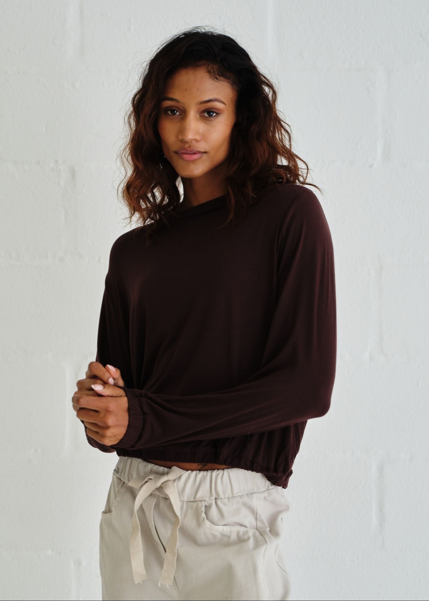 View our Eve Elasticated Hem Top In Chocolate - by Tribute Store