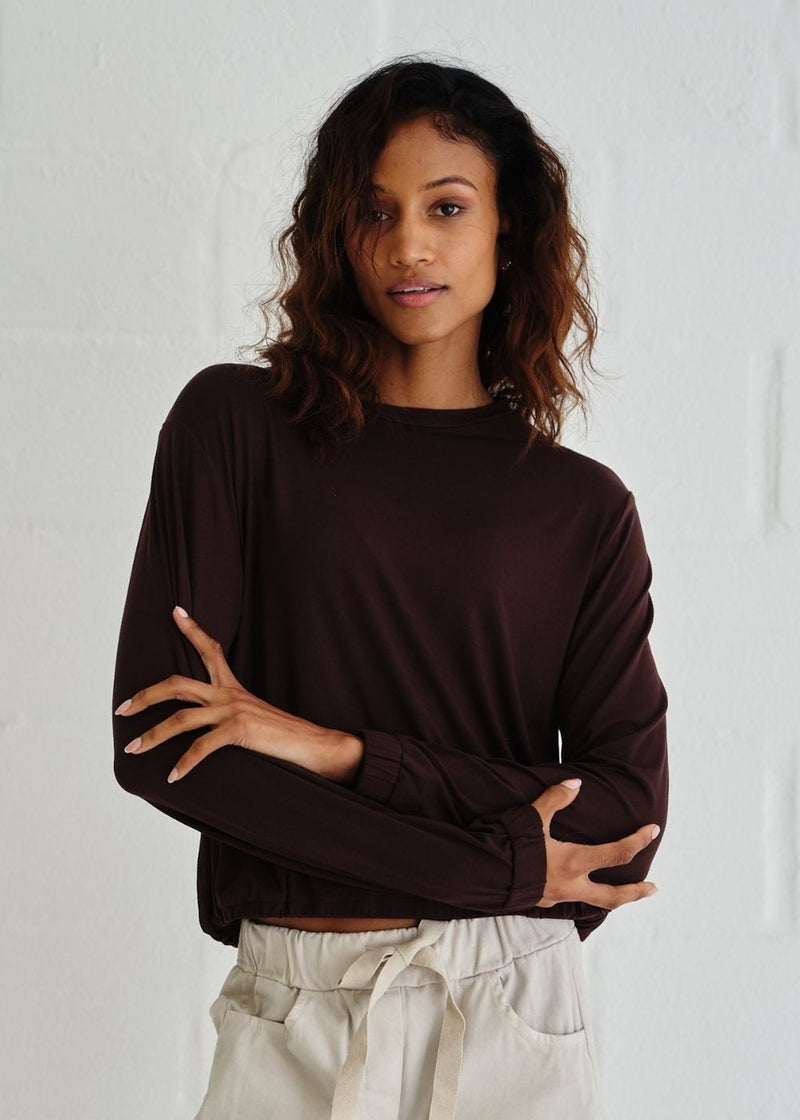 View our Eve Elasticated Hem Top In Chocolate - by Tribute Store