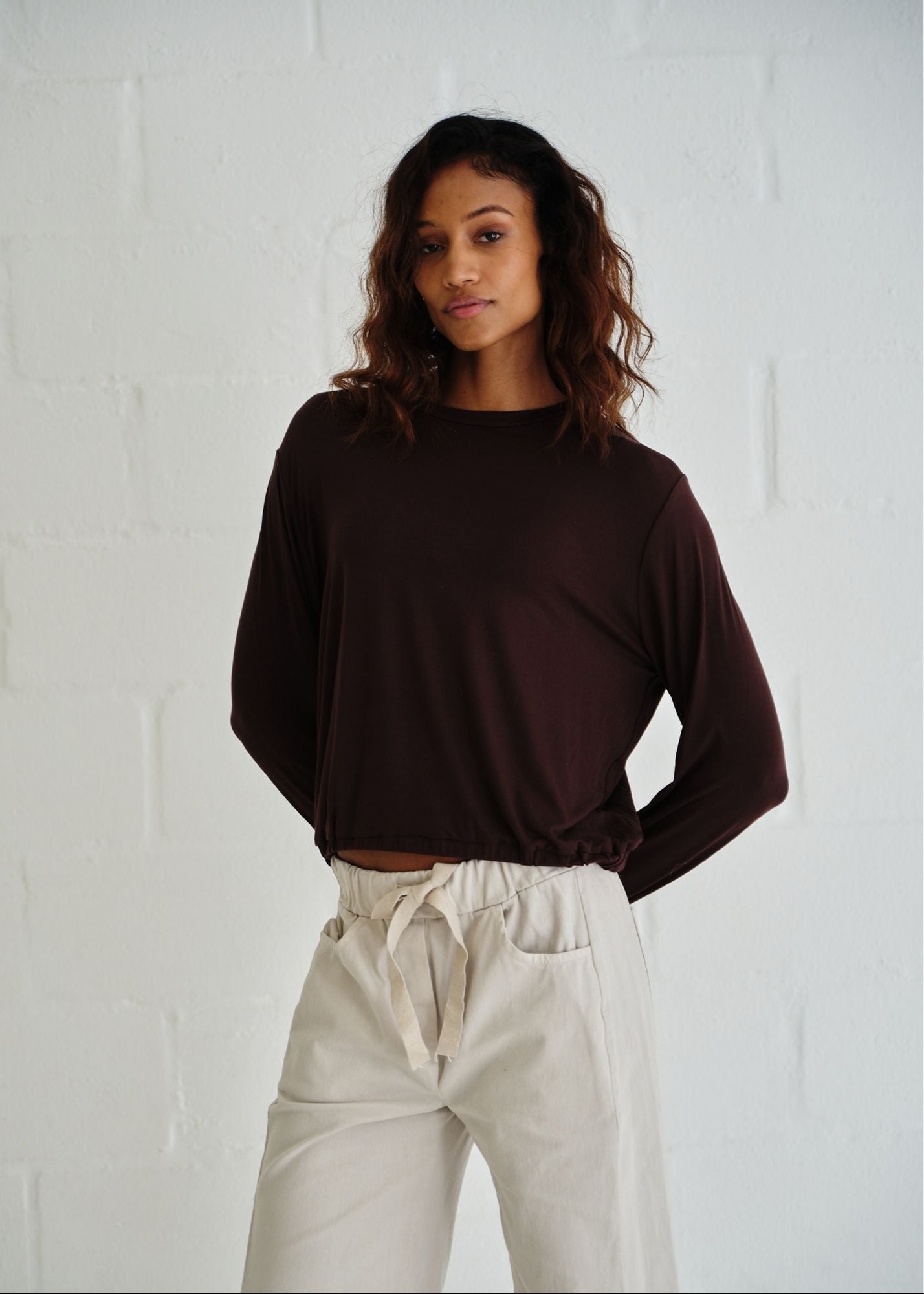View our Eve Elasticated Hem Top In Chocolate - by Tribute Store
