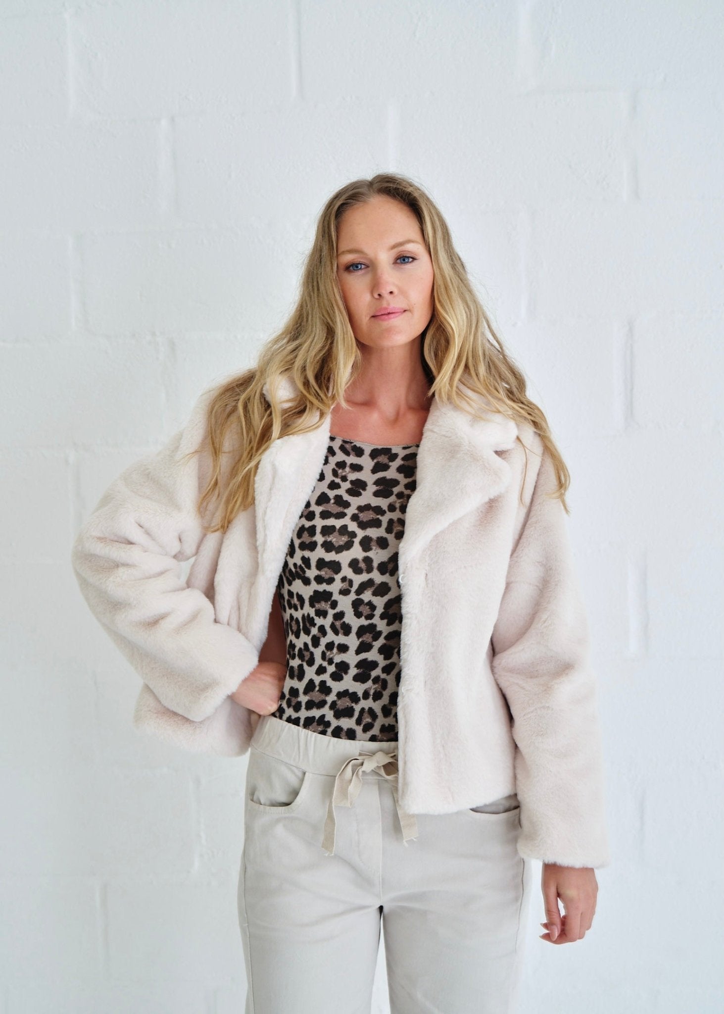 View our Faux Fur Jacket With Shawl Collar In Cream - by Tribute Store