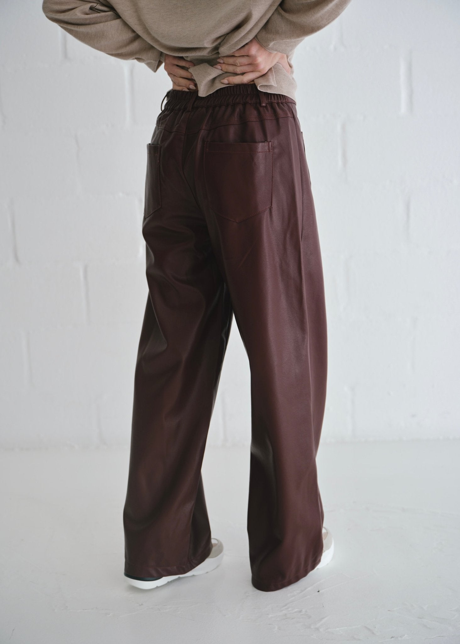 View our Faux Leather Wide Leg Trousers In Burgundy - by Tribute Store