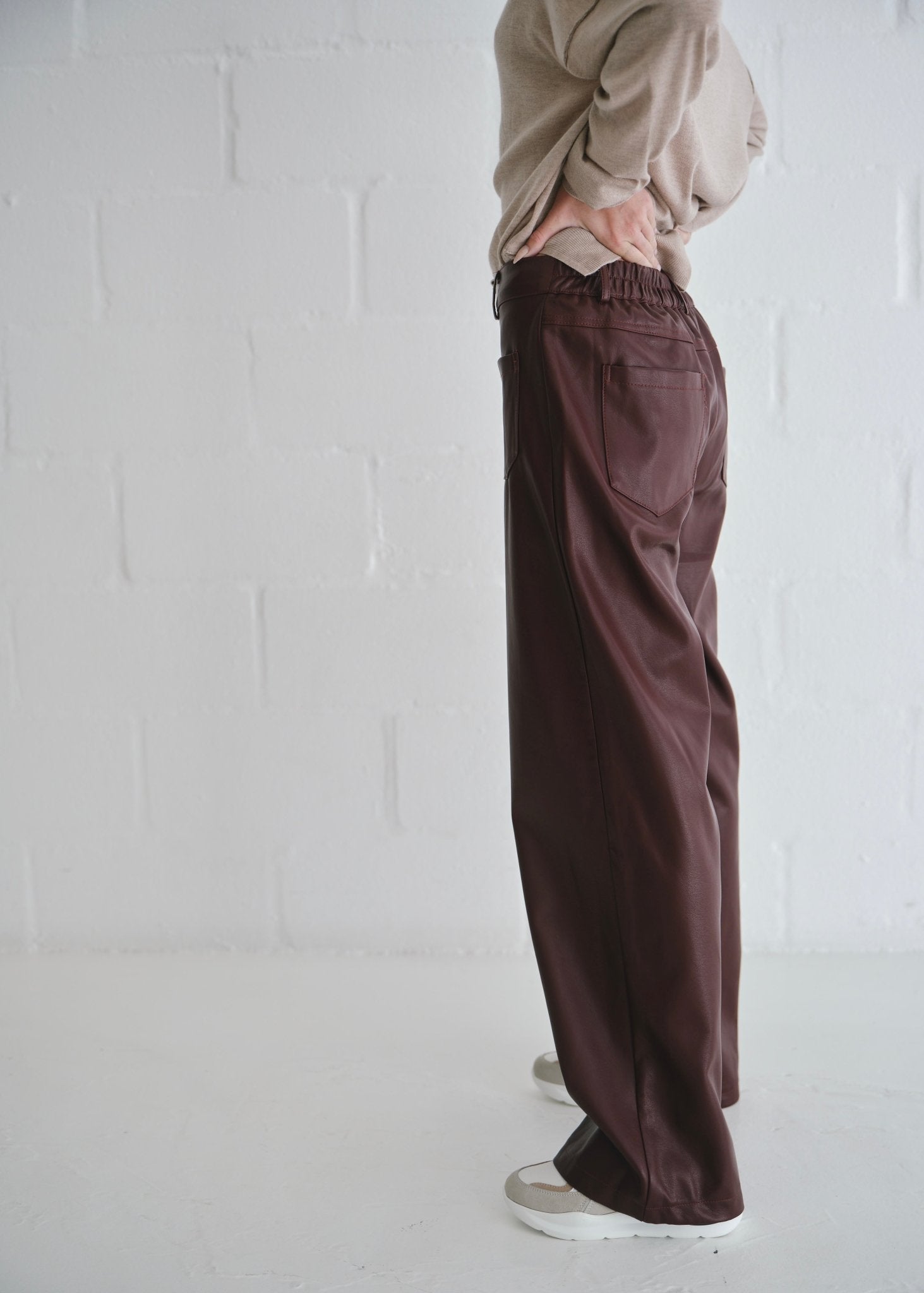 View our Faux Leather Wide Leg Trousers In Burgundy - by Tribute Store