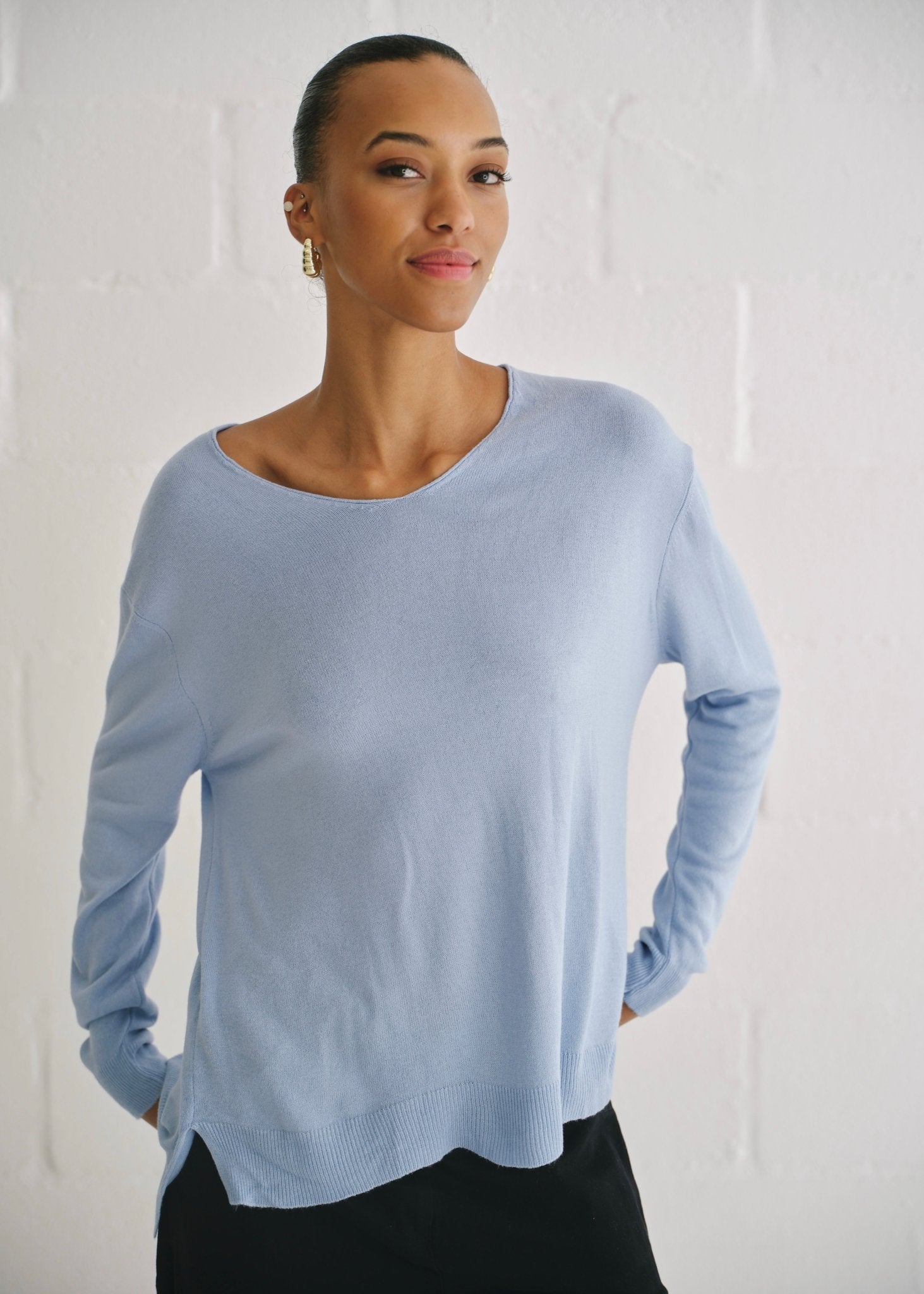 View our Florence Italian Oversized V Neck Knit In Jean Blue - by Tribute Store