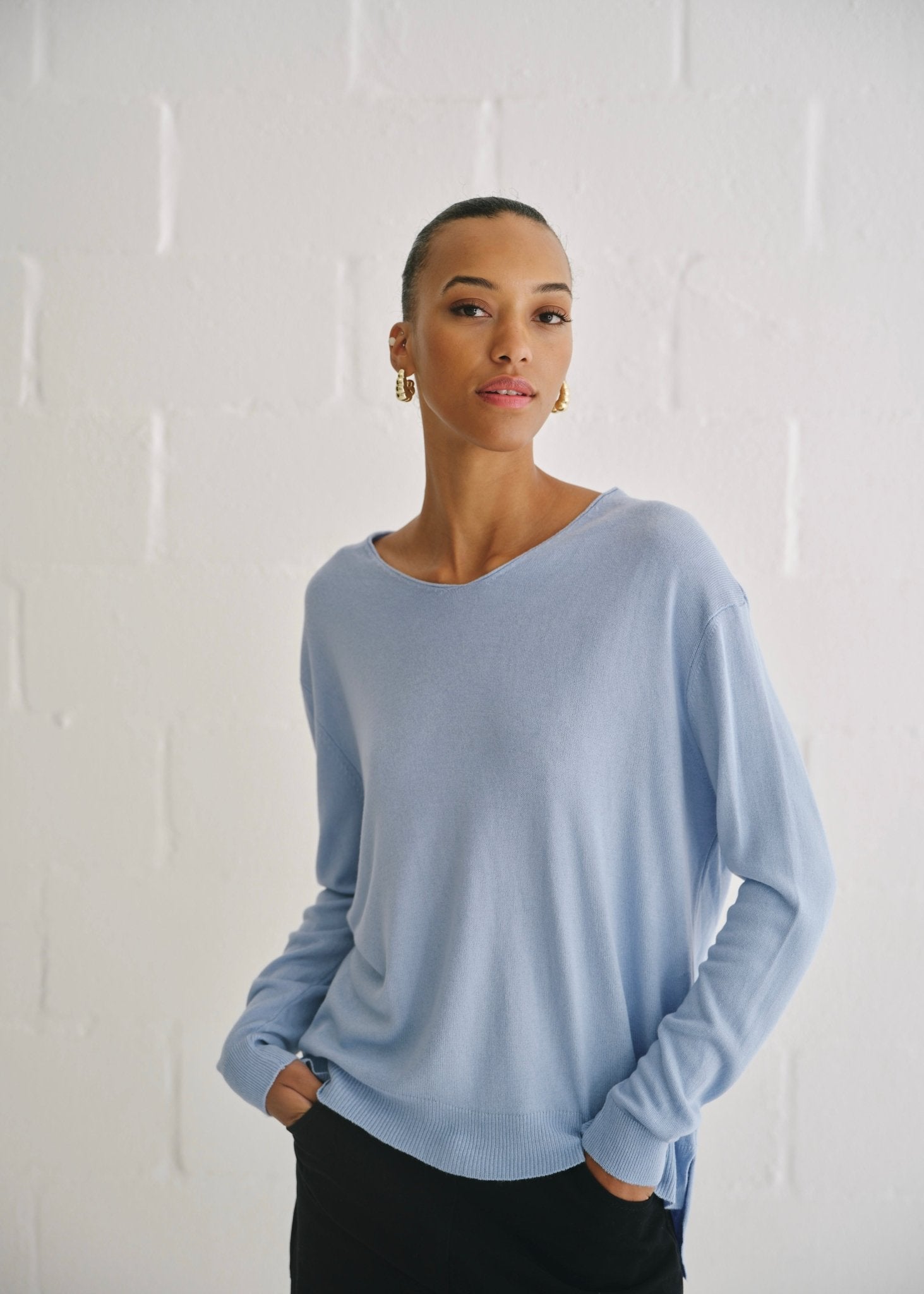 View our Florence Italian Oversized V Neck Knit In Jean Blue - by Tribute Store