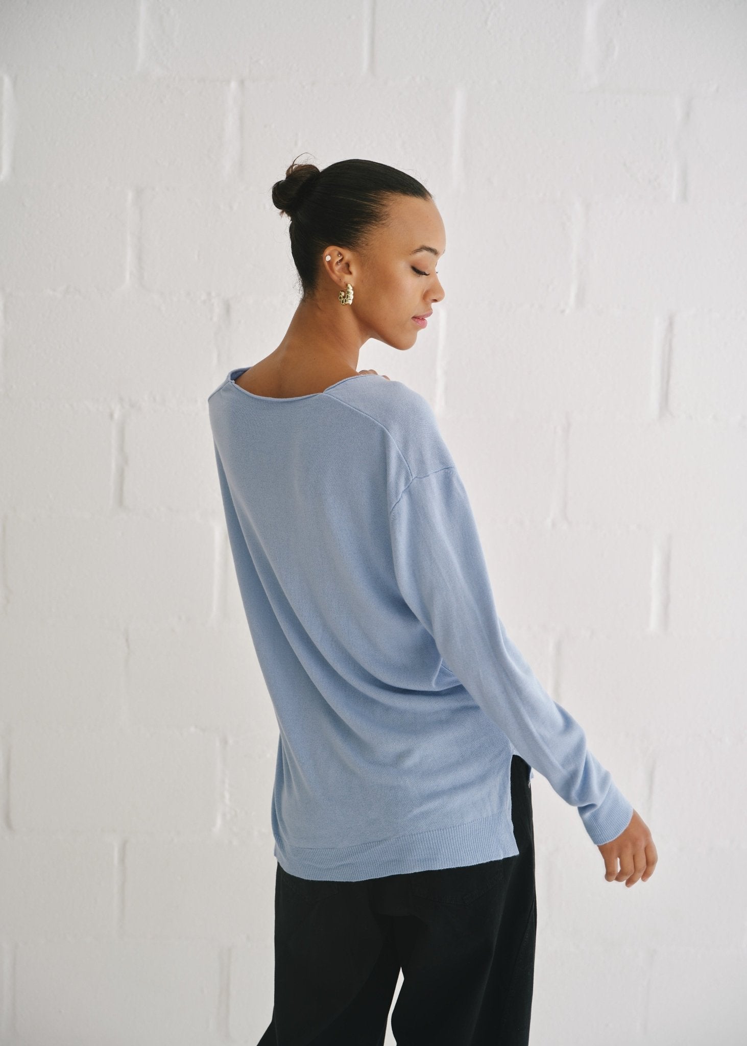 View our Florence Italian Oversized V Neck Knit In Jean Blue - by Tribute Store