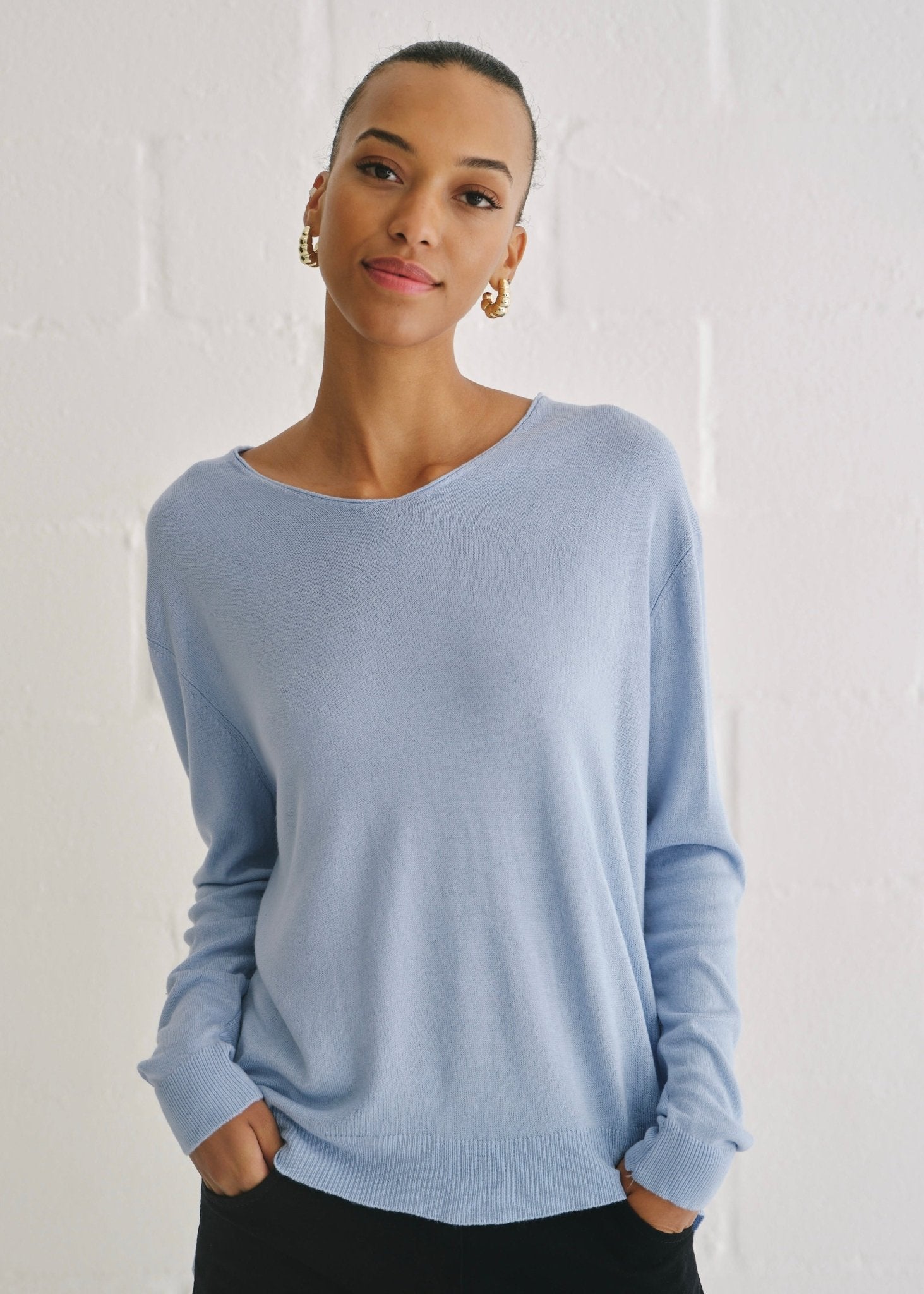 View our Florence Italian Oversized V Neck Knit In Jean Blue - by Tribute Store