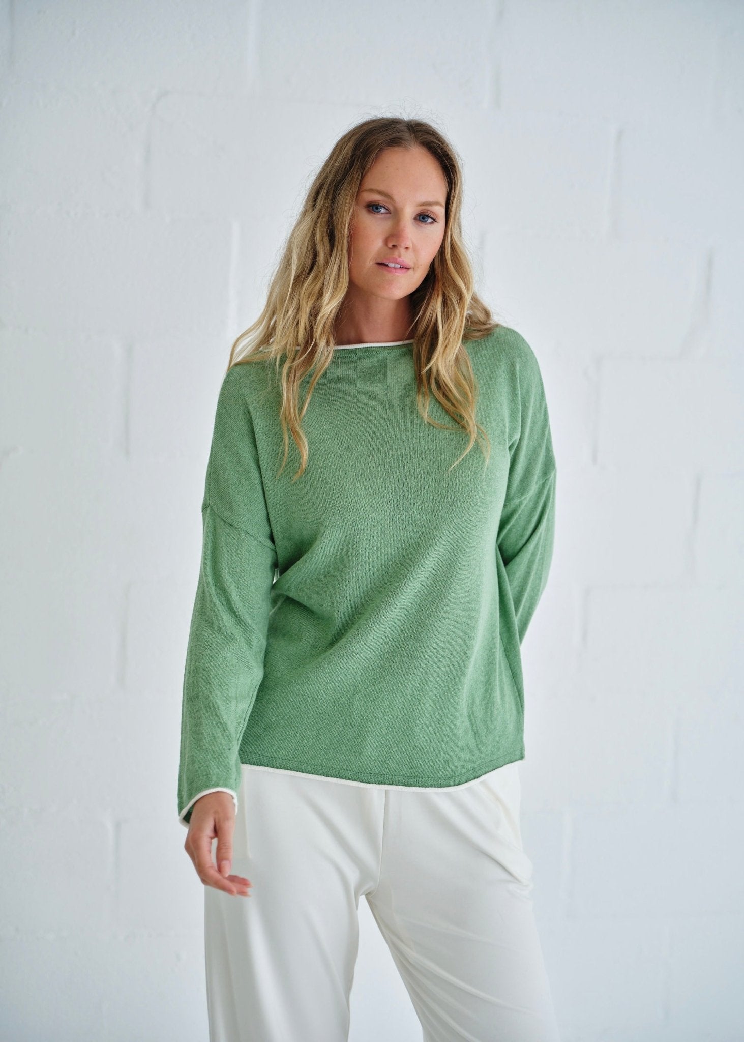 View our Gallery Italian Cotton Blend Crew Neck Knit with Border In Green - by Tribute Store