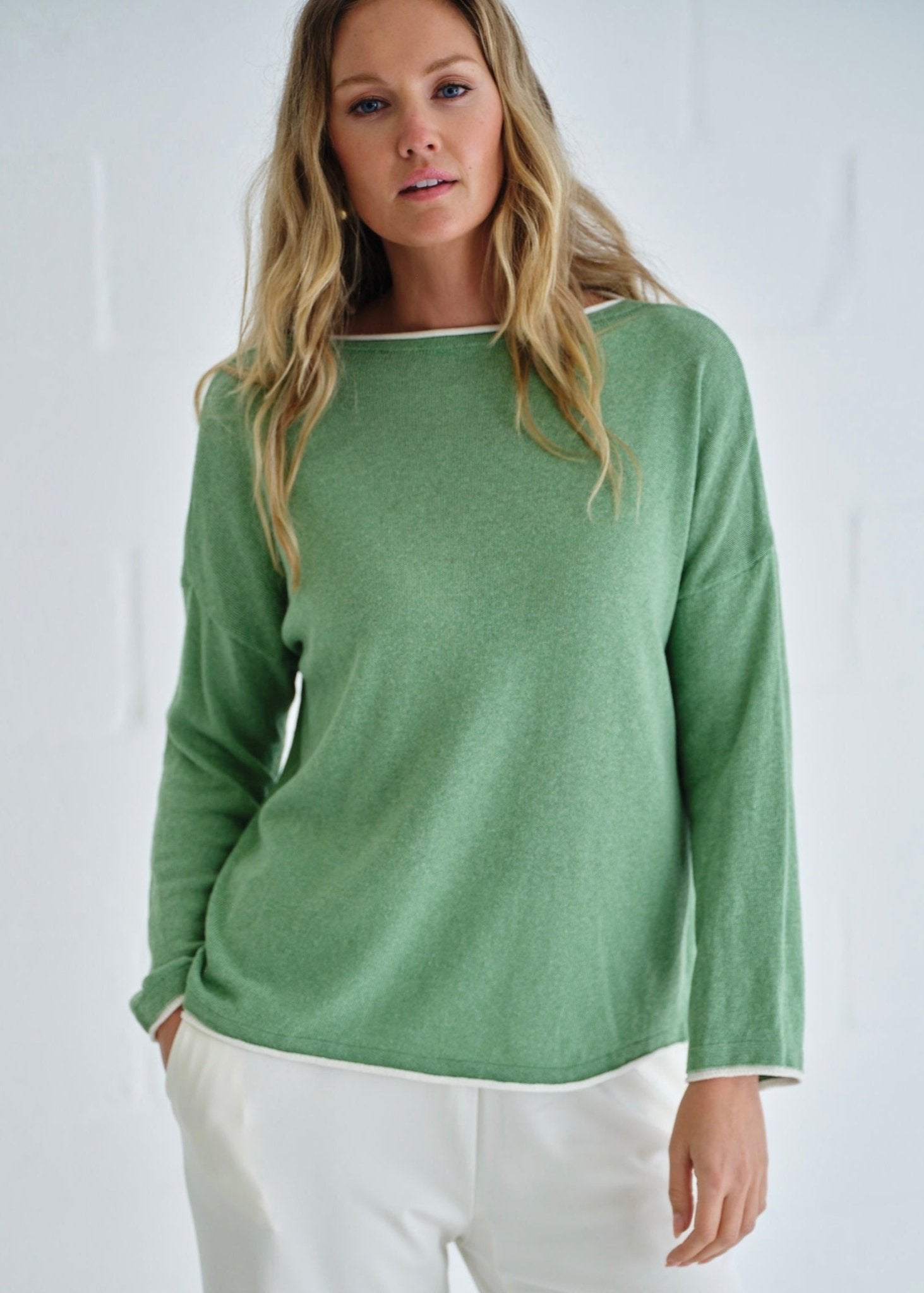 View our Gallery Italian Cotton Blend Crew Neck Knit with Border In Green - by Tribute Store