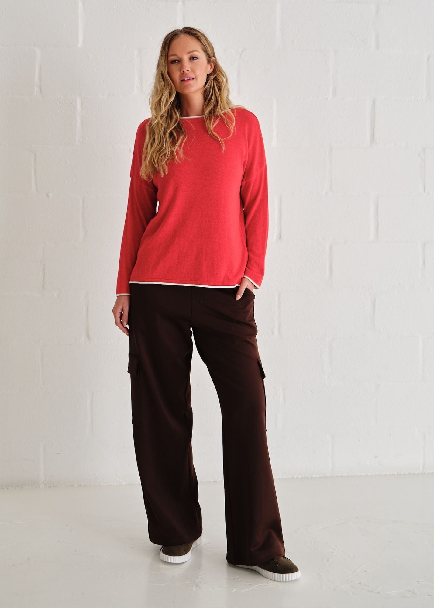 View our Gallery Italian Cotton Blend Crew Neck Knit with Border In Red - by Tribute Store