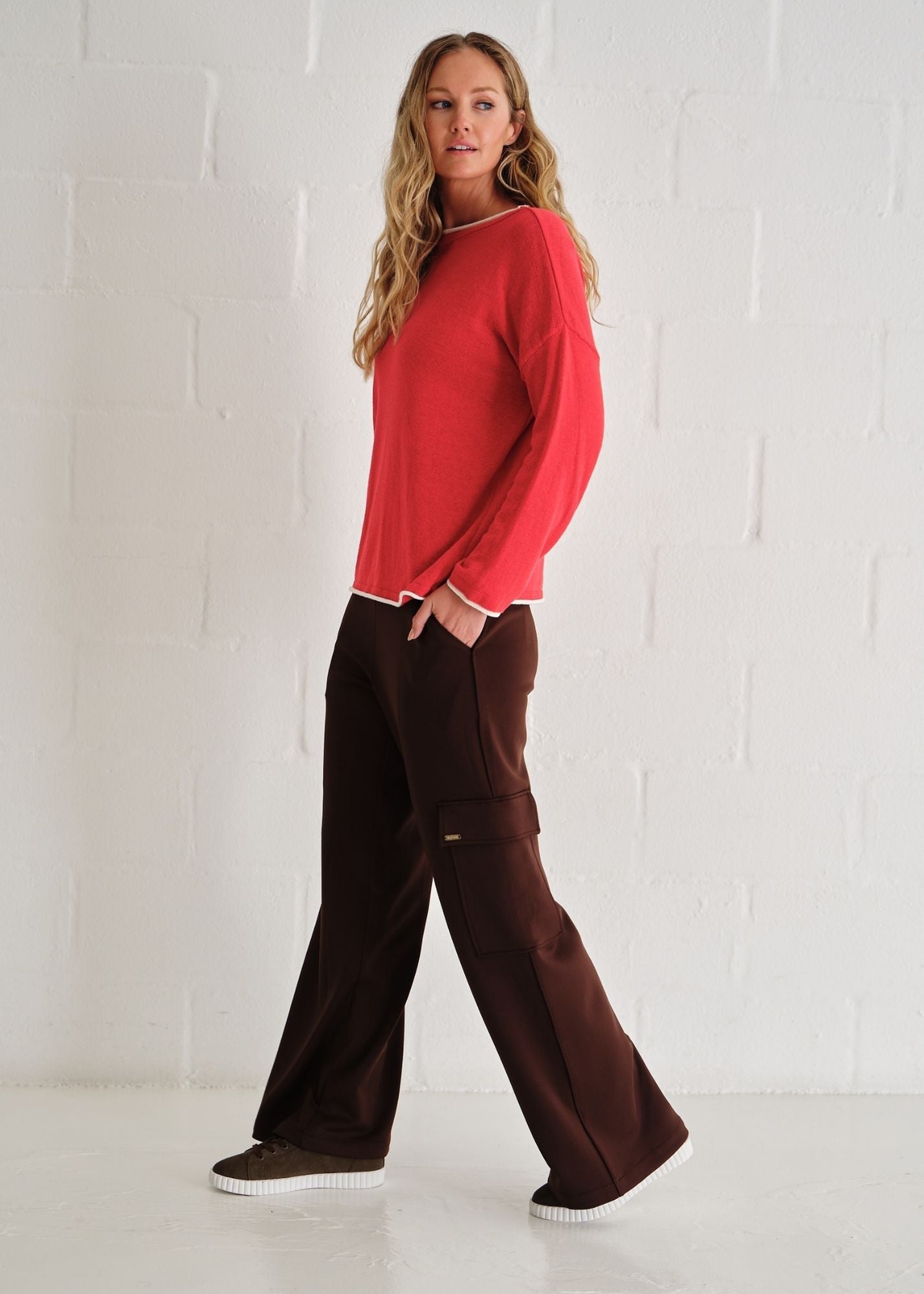 View our Gallery Italian Cotton Blend Crew Neck Knit with Border In Red - by Tribute Store