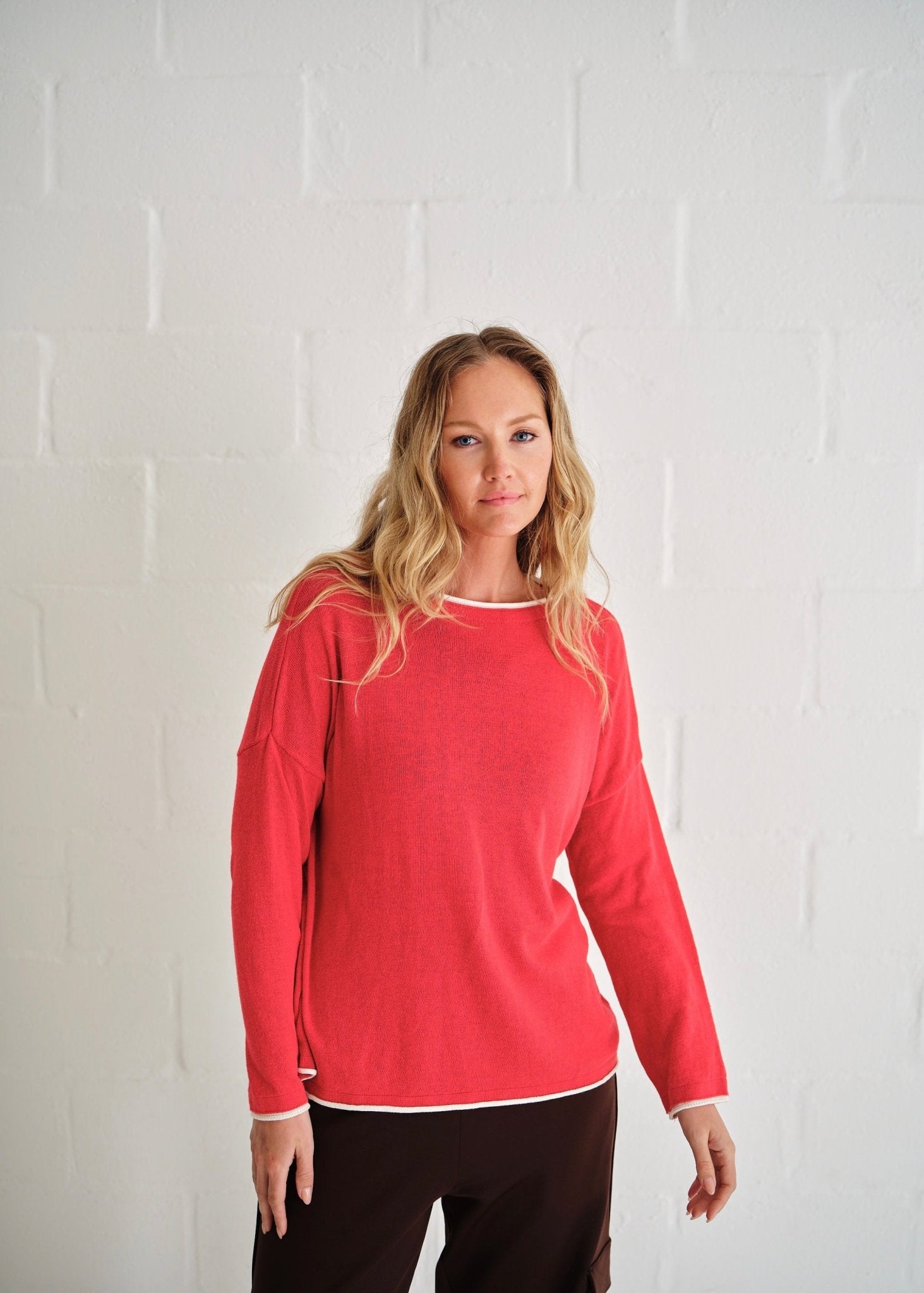 View our Gallery Italian Cotton Blend Crew Neck Knit with Border In Red - by Tribute Store