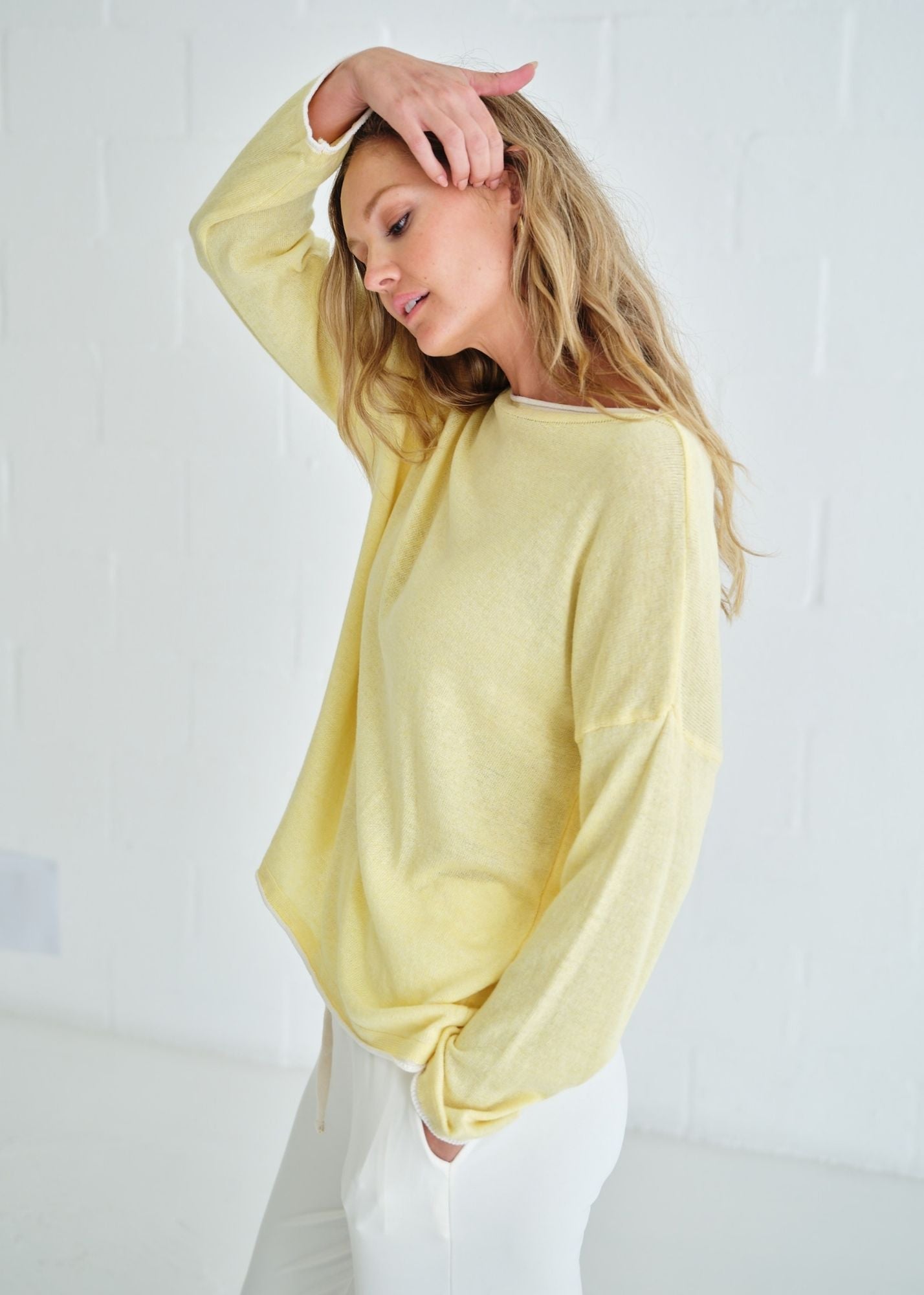 View our Gallery Italian Cotton Blend Crew Neck Knit with Border In Yellow - by Tribute Store