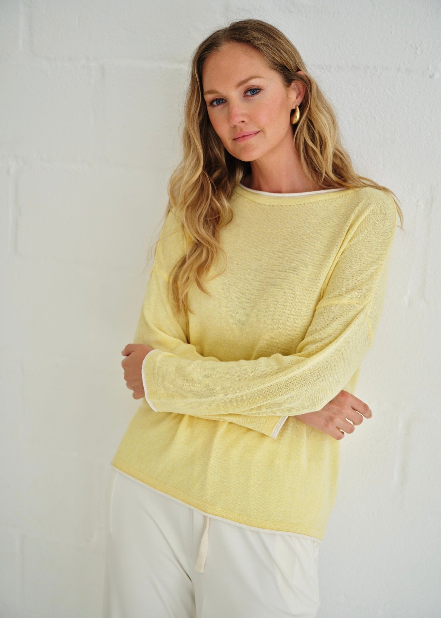 View our Gallery Italian Cotton Blend Crew Neck Knit with Border In Yellow - by Tribute Store